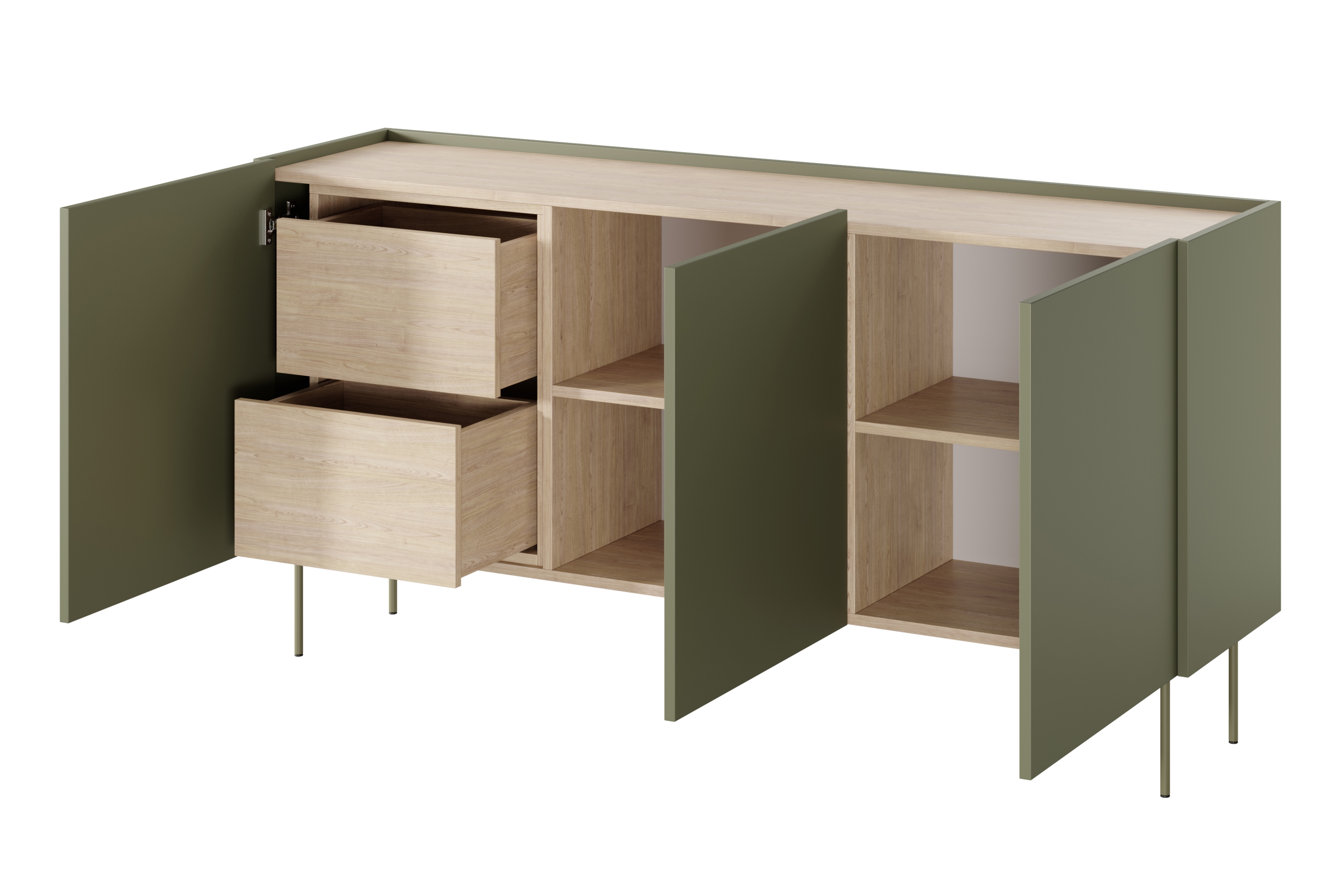 Komoda Desin 170 cm s 2 ukrytými zásuvkami - olivová / dub nagano Komoda Desin 170 cm z 2 ukrytymi zásuvkami i metalowymi nogami - Oliva / Dub nagano