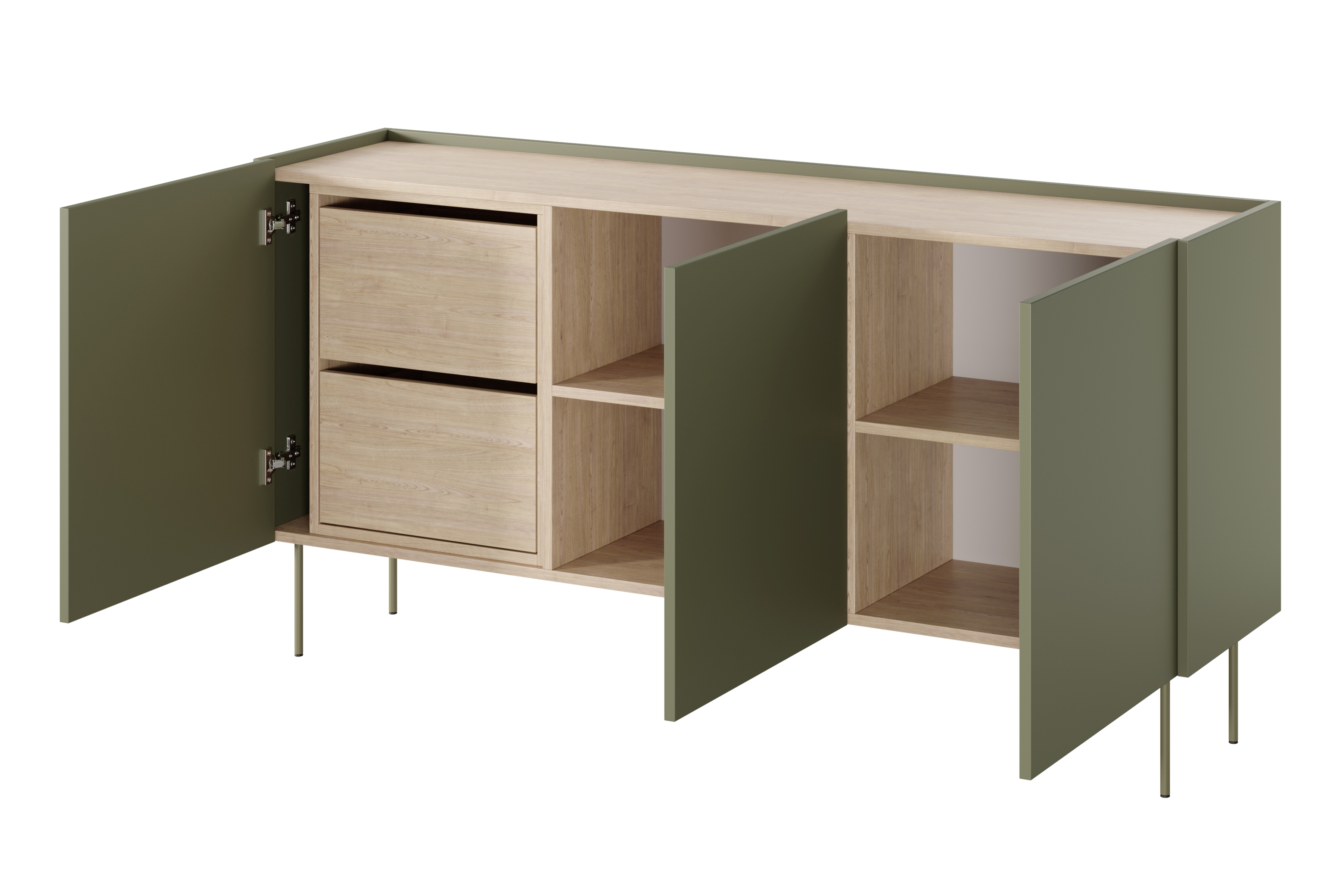 Komoda Desin 170 cm s 2 ukrytými zásuvkami - olivová / dub nagano Komoda Desin 170 cm z 2 ukrytymi zásuvkami i metalowymi nogami - Oliva / Dub nagano