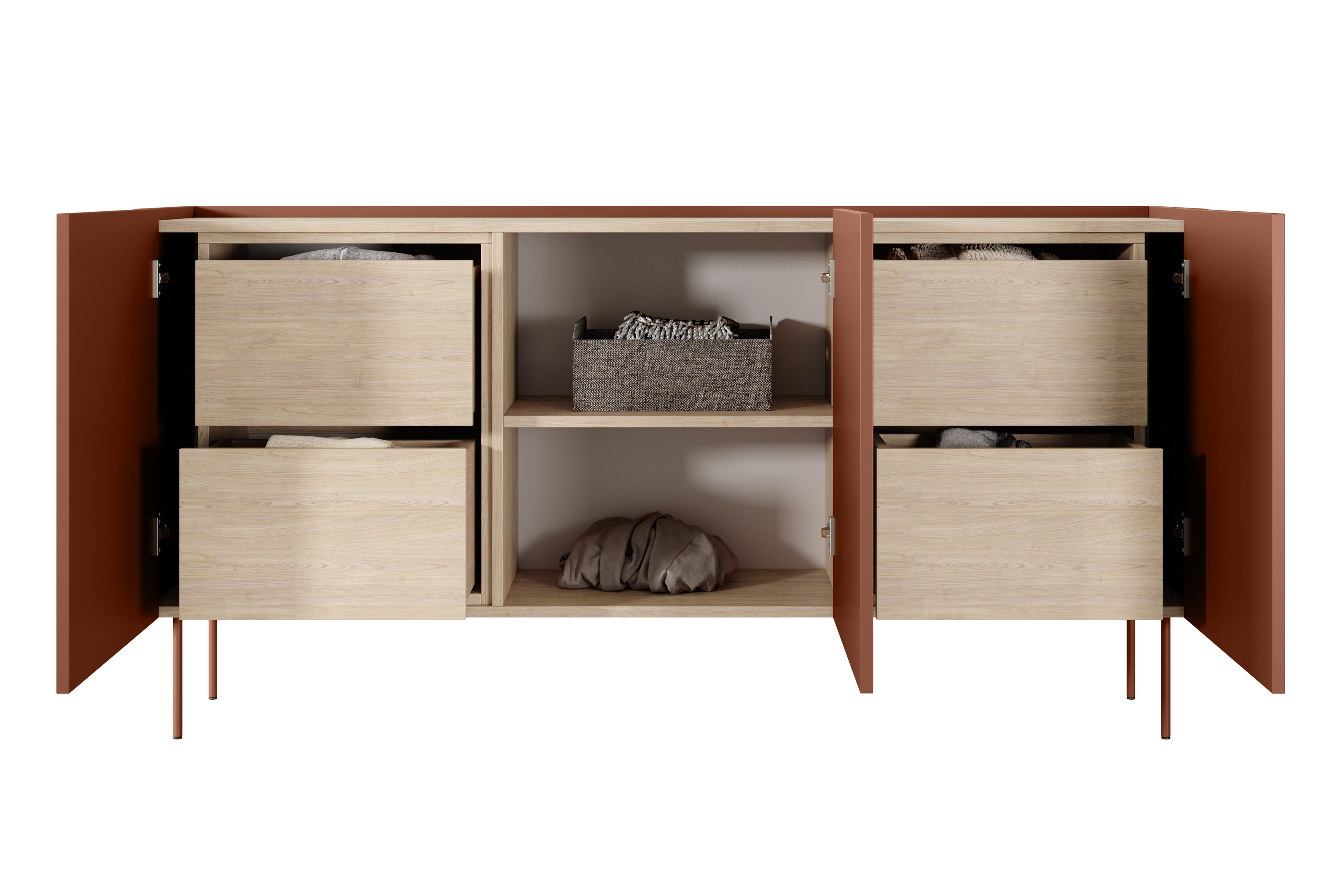 Komoda Desin 170 cm so 4 ukrytými zásuvkami - ceramic red / dub nagano Komoda Desin 170 cm z 4 ukrytymi zásuvkami i metalowymi nogami - Červený / ceramic red / Dub nagano