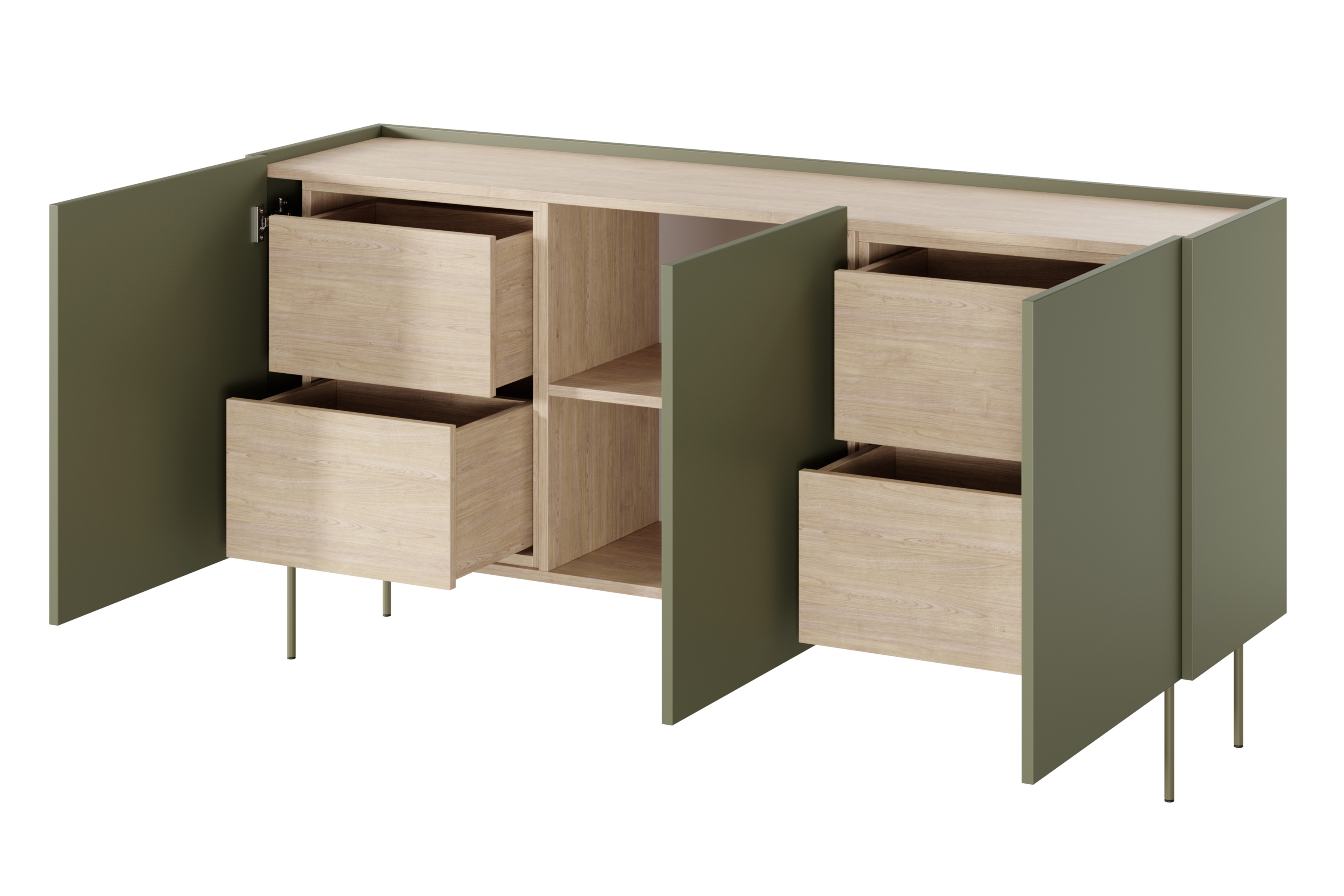 Komoda Desin 170 cm so 4 ukrytými zásuvkami - olivová / dub nagano Komoda Desin 170 cm z 4 ukrytymi zásuvkami i metalowymi nogami - Oliva / Dub nagano