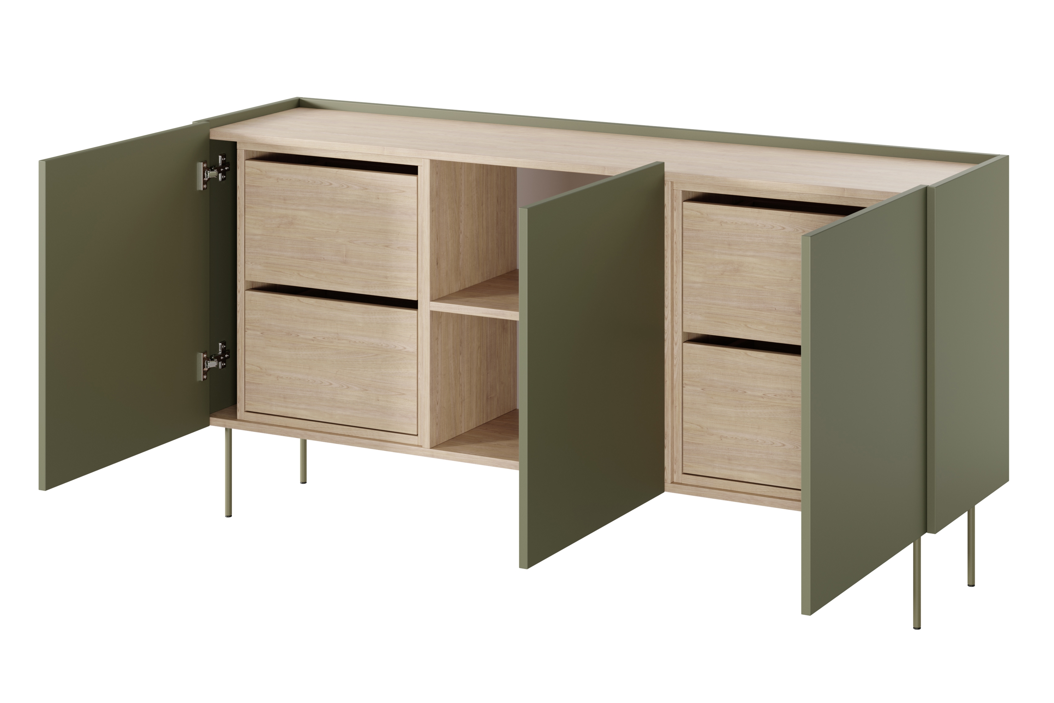 Komoda Desin 170 cm so 4 ukrytými zásuvkami - olivová / dub nagano Komoda Desin 170 cm z 4 ukrytymi zásuvkami i metalowymi nogami - Oliva / Dub nagano