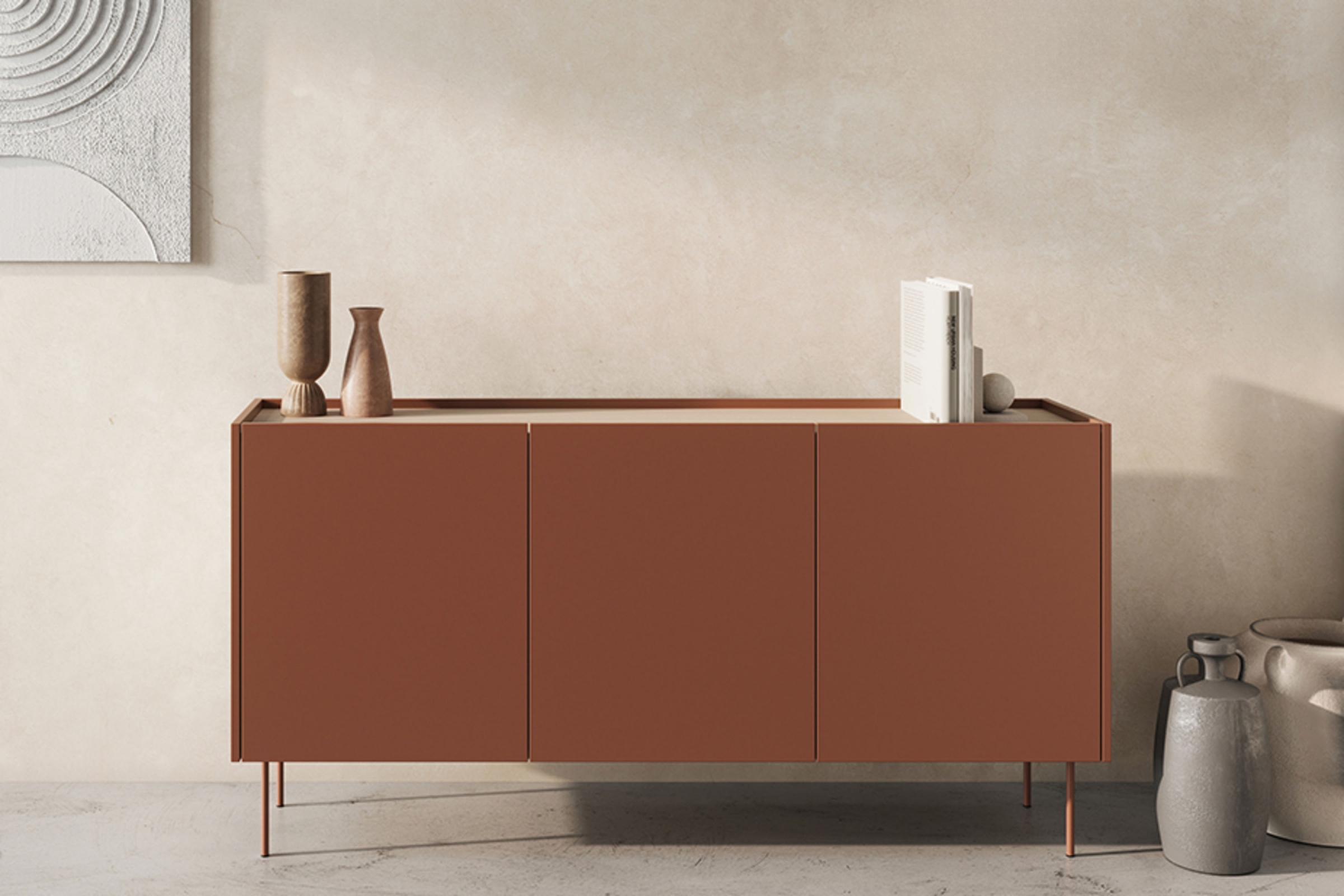 Komoda Desin 170 cm - ceramic red / dub nagano Komoda Desin 170 cm z metalowymi nogami - Červený / ceramic red / Dub nagano