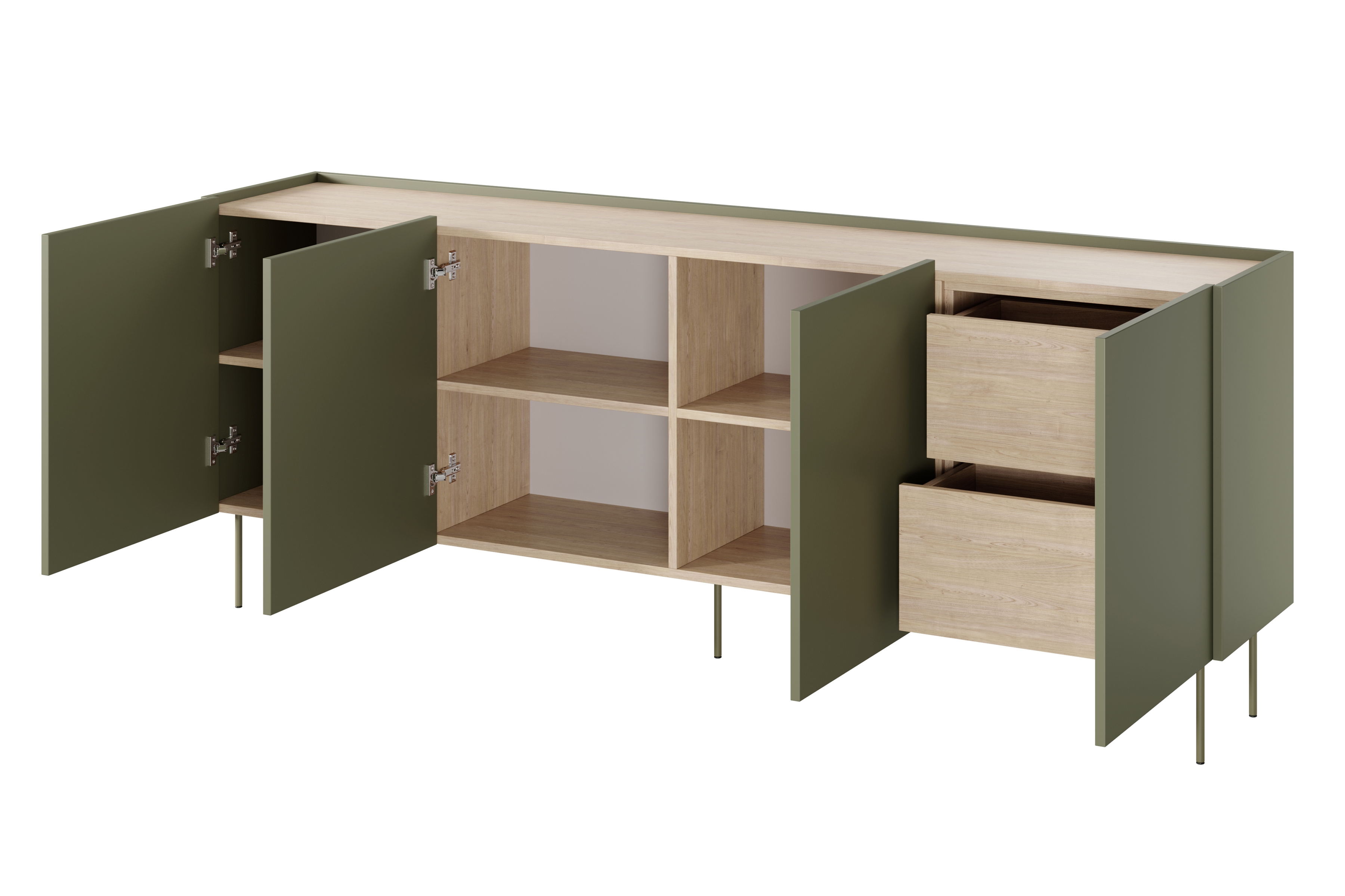 Komoda Desin 220 cm s 2 ukrytými zásuvkami - olivová / dub nagano Komoda Desin 220 cm z 2 ukrytymi zásuvkami i metalowymi nogami - Oliva / Dub nagano