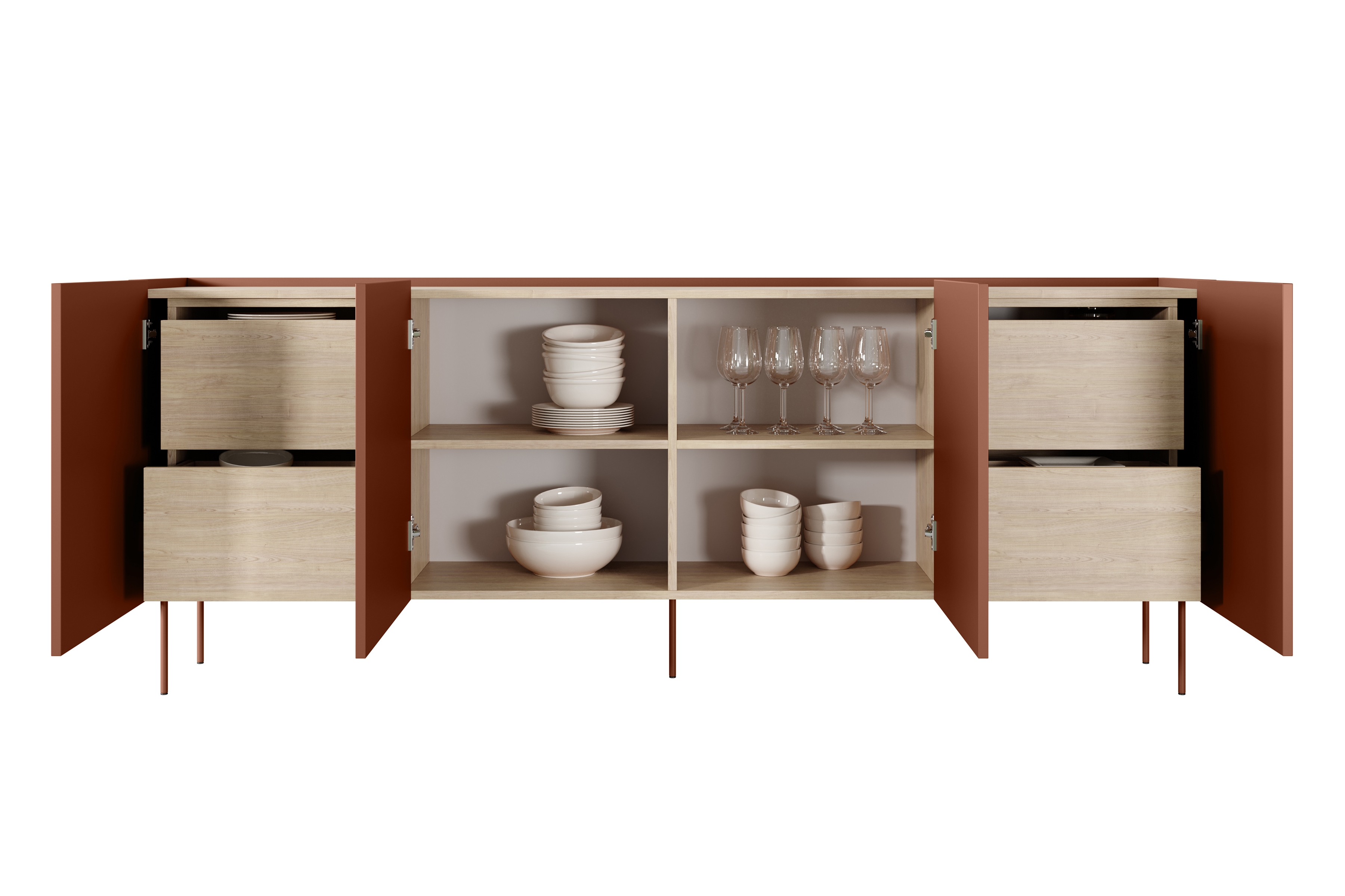 Komoda Desin 220 cm so 4 ukrytými zásuvkami - ceramic red / dub nagano Komoda Desin 220 cm z 4 ukrytymi zásuvkami - Červený / ceramic red / Dub nagano