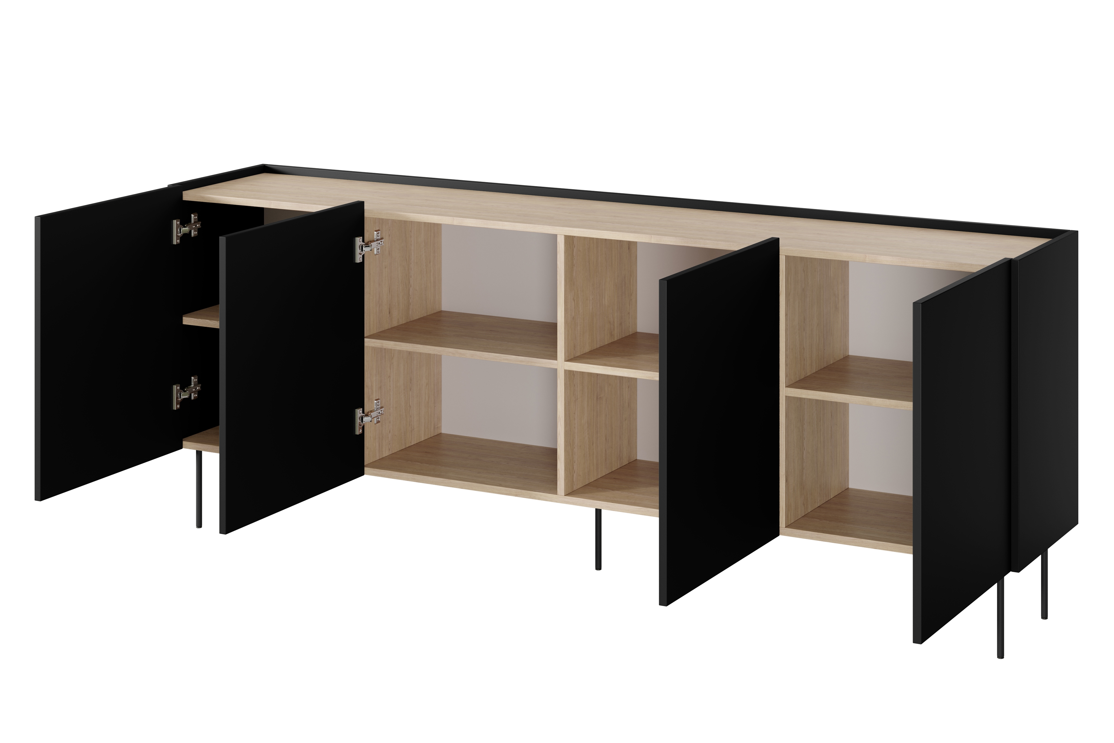 Komoda Desin 220 cm - černý mat / dub nagano Komoda Desin 220 cm z metalowymi nogami - černá mat / dub nagano