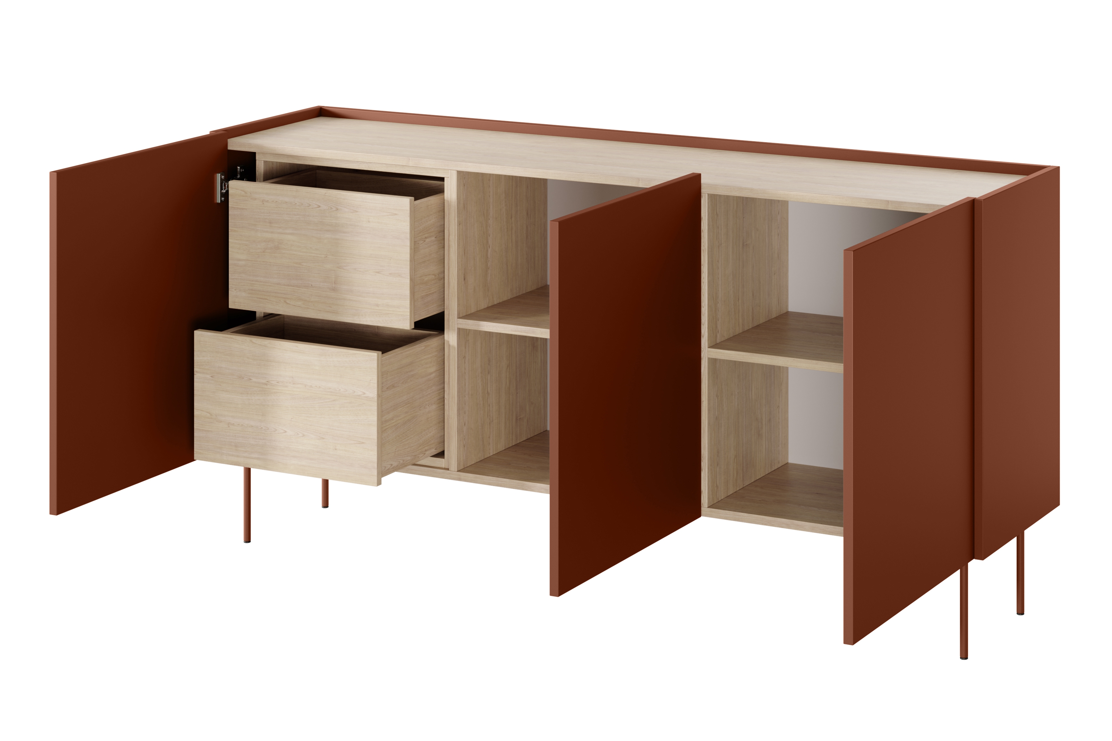 Komoda Desin 170 cm s 2 ukrytými zásuvkami - ceramic red / dub nagano Komoda Desin z 2 ukrytymi zásuvkami i metalowymi nogami 170 cm - ceramic red / Dub nagano