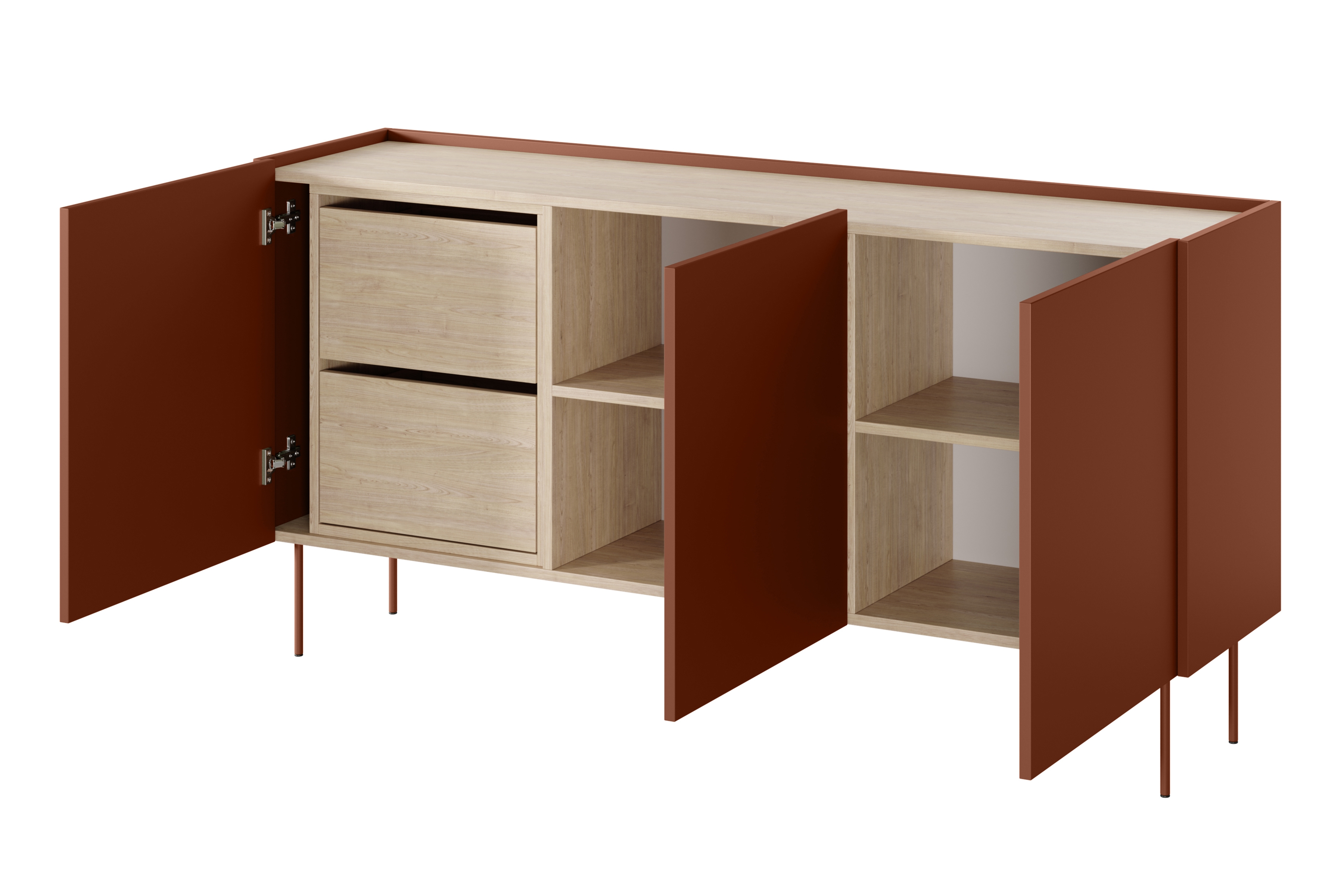 Komoda Desin 170 cm s 2 ukrytými zásuvkami - ceramic red / dub nagano Komoda Desin z 2 ukrytymi zásuvkami i metalowymi nogami 170 cm - ceramic red / Dub nagano