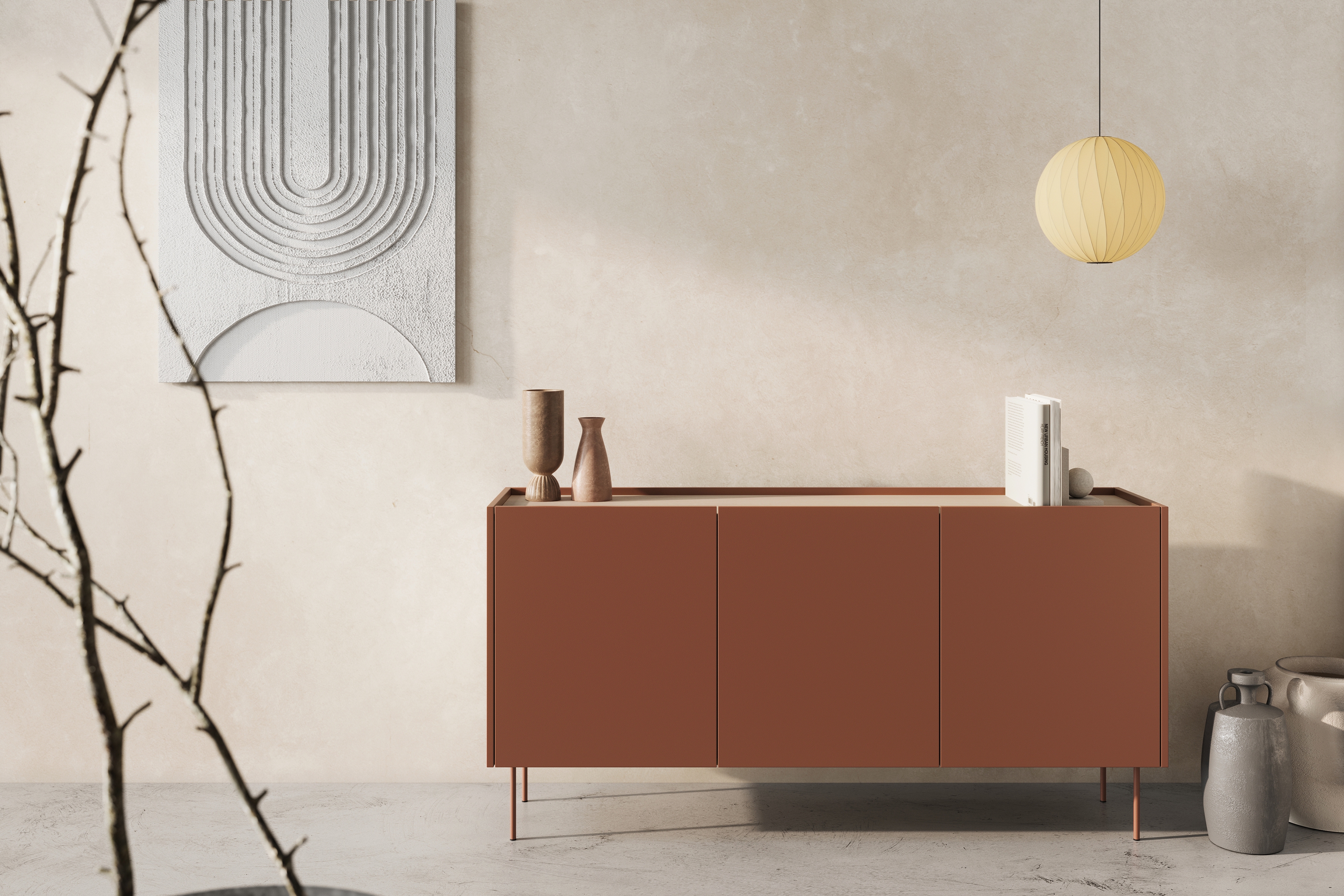 Komoda Desin 170 cm s 2 ukrytými zásuvkami - ceramic red / dub nagano Komoda Desin z 2 ukrytymi zásuvkami i metalowymi nogami 170 cm - ceramic red / Dub nagano