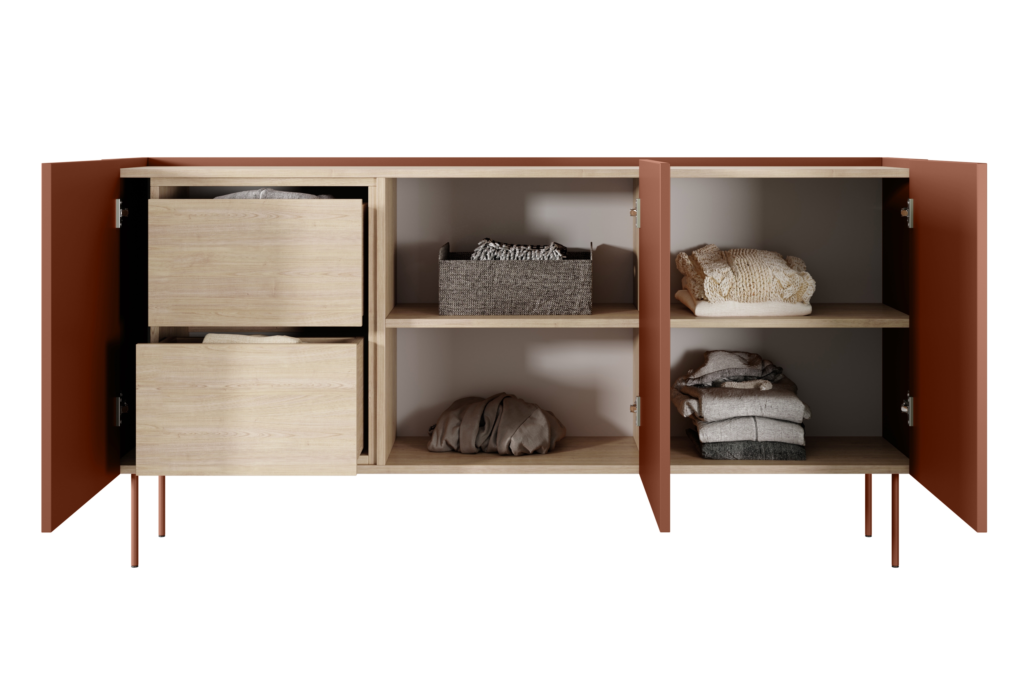 Komoda Desin 170 cm s 2 ukrytými zásuvkami - ceramic red / dub nagano Komoda Desin z 2 ukrytymi zásuvkami i metalowymi nogami 170 cm - ceramic red / Dub nagano