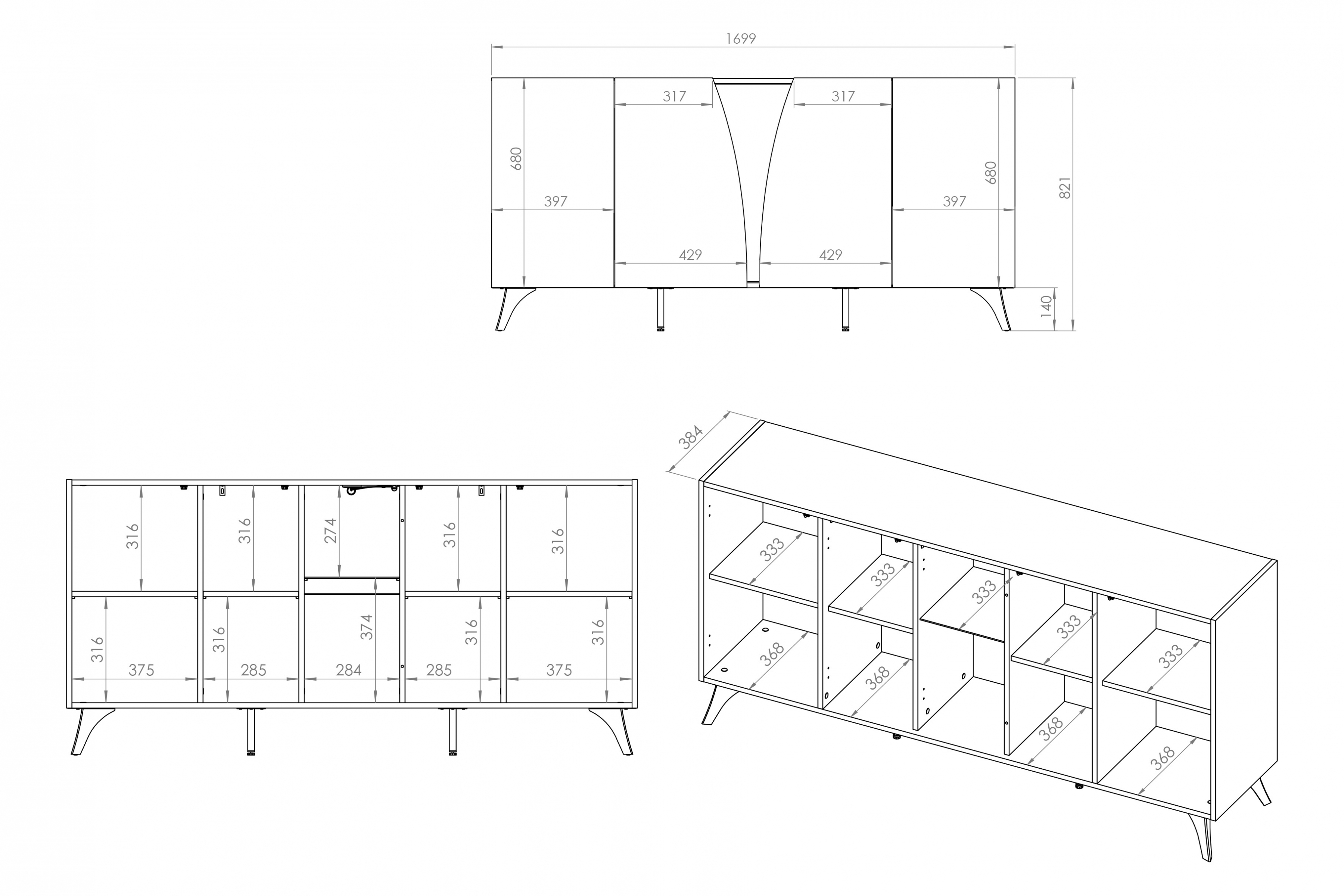 Komoda do obýváku Natina 04 170 cm - dub baltic dune / černý jasan portland Komoda do obývacího pokoje Natina 04 - 170 cm - dub baltic dune / jasan portland černá