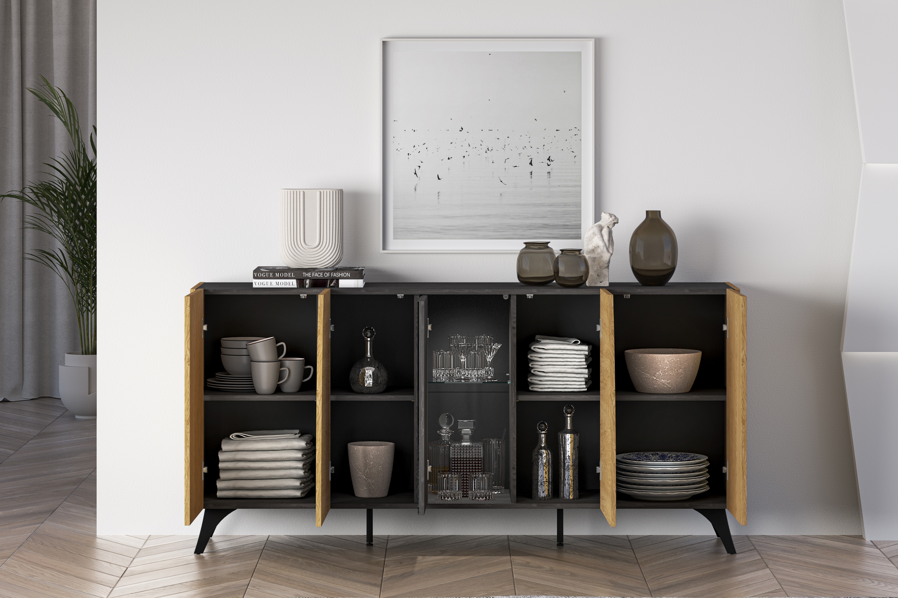 Komoda do obýváku Natina 04 170 cm - dub baltic dune / černý jasan portland Komoda do obývacího pokoje Natina 04 - 170 cm - dub baltic dune / jasan portland černá