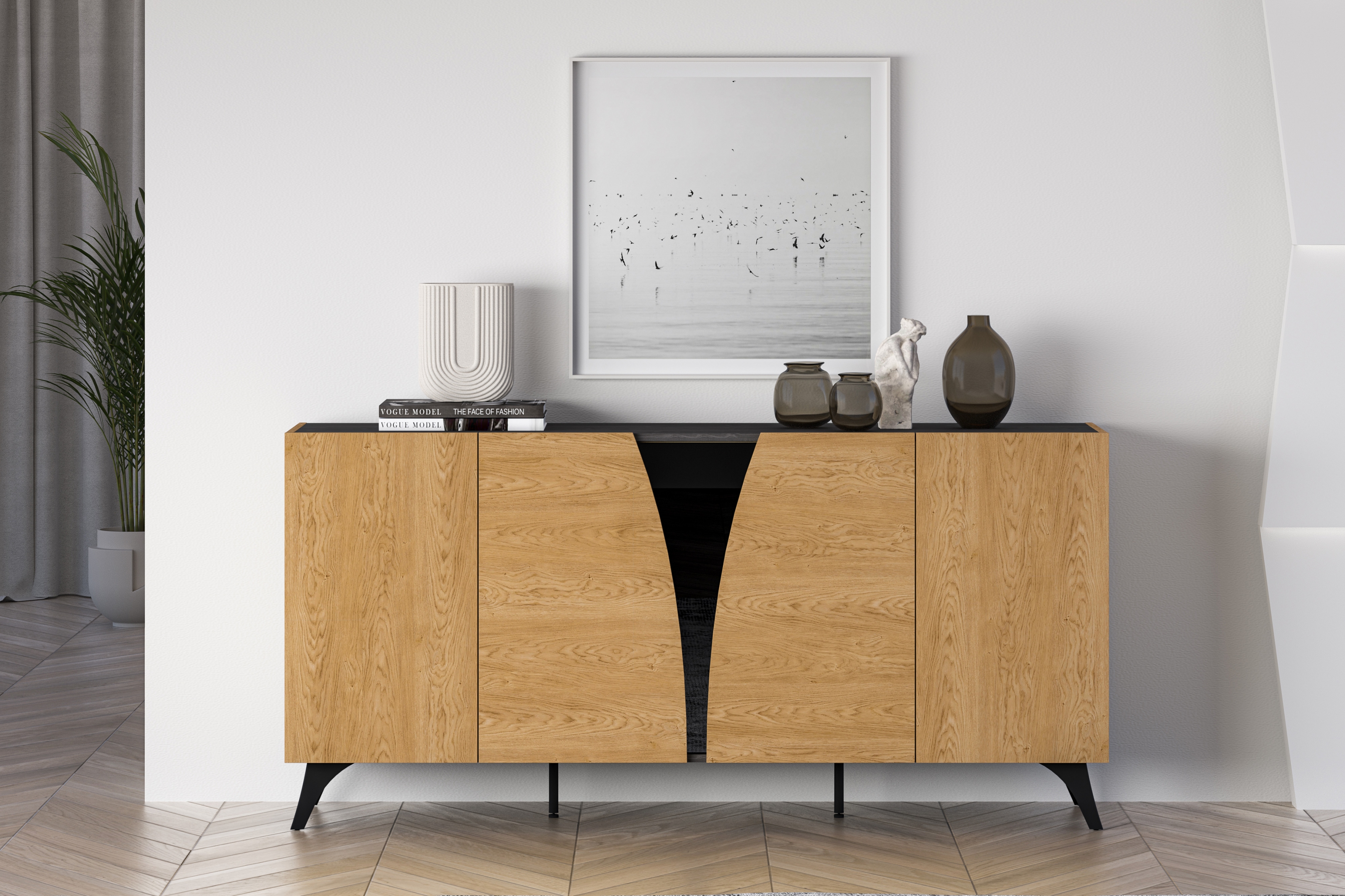 Komoda do obýváku Natina 04 170 cm - dub baltic dune / černý jasan portland Komoda do obývacího pokoje Natina 04 - 170 cm - dub baltic dune / jasan portland černá