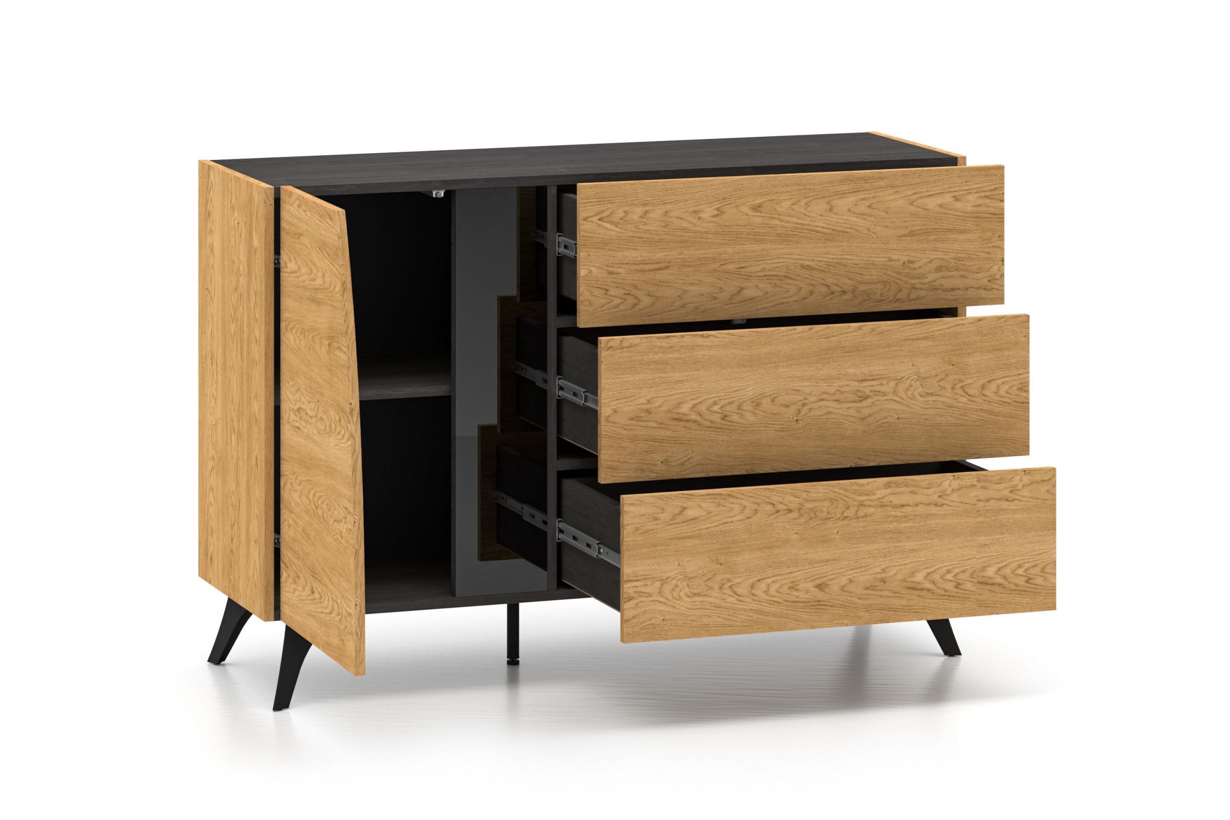 Komoda do obýváku Natina 05 120 cm - dub baltic dune / černý jasan portland Komoda do obývacího pokoje Natina 05 - 120 cm - dub baltic dune / jasan portland černá