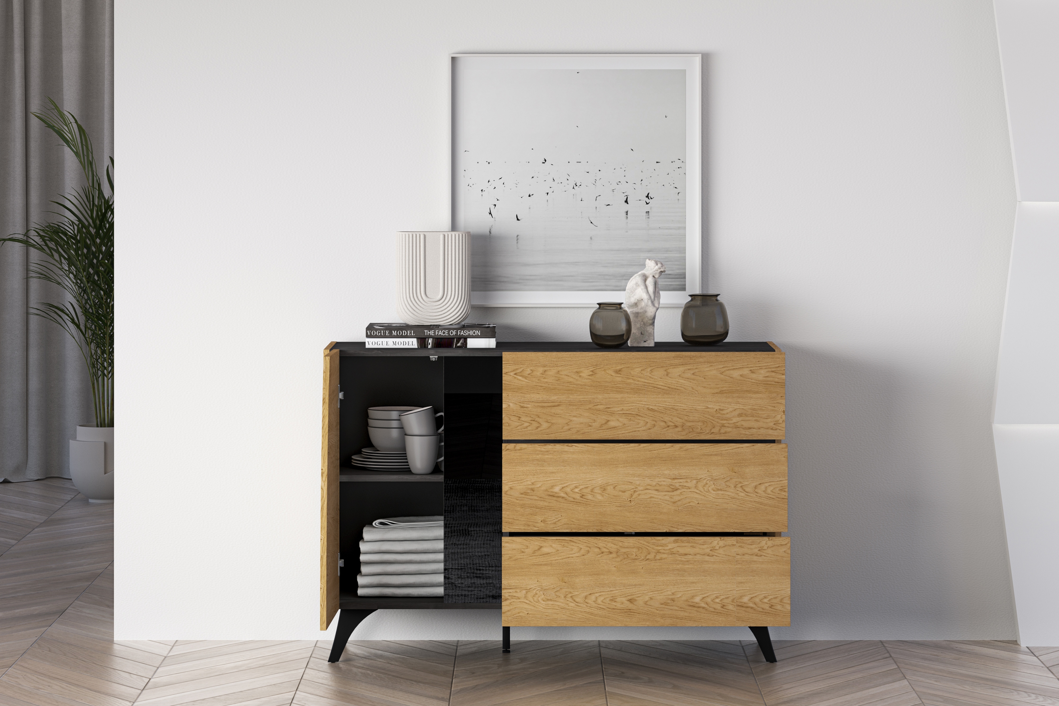 Komoda do obýváku Natina 05 120 cm - dub baltic dune / černý jasan portland Komoda do obývacího pokoje Natina 05 - 120 cm - dub baltic dune / jasan portland černá