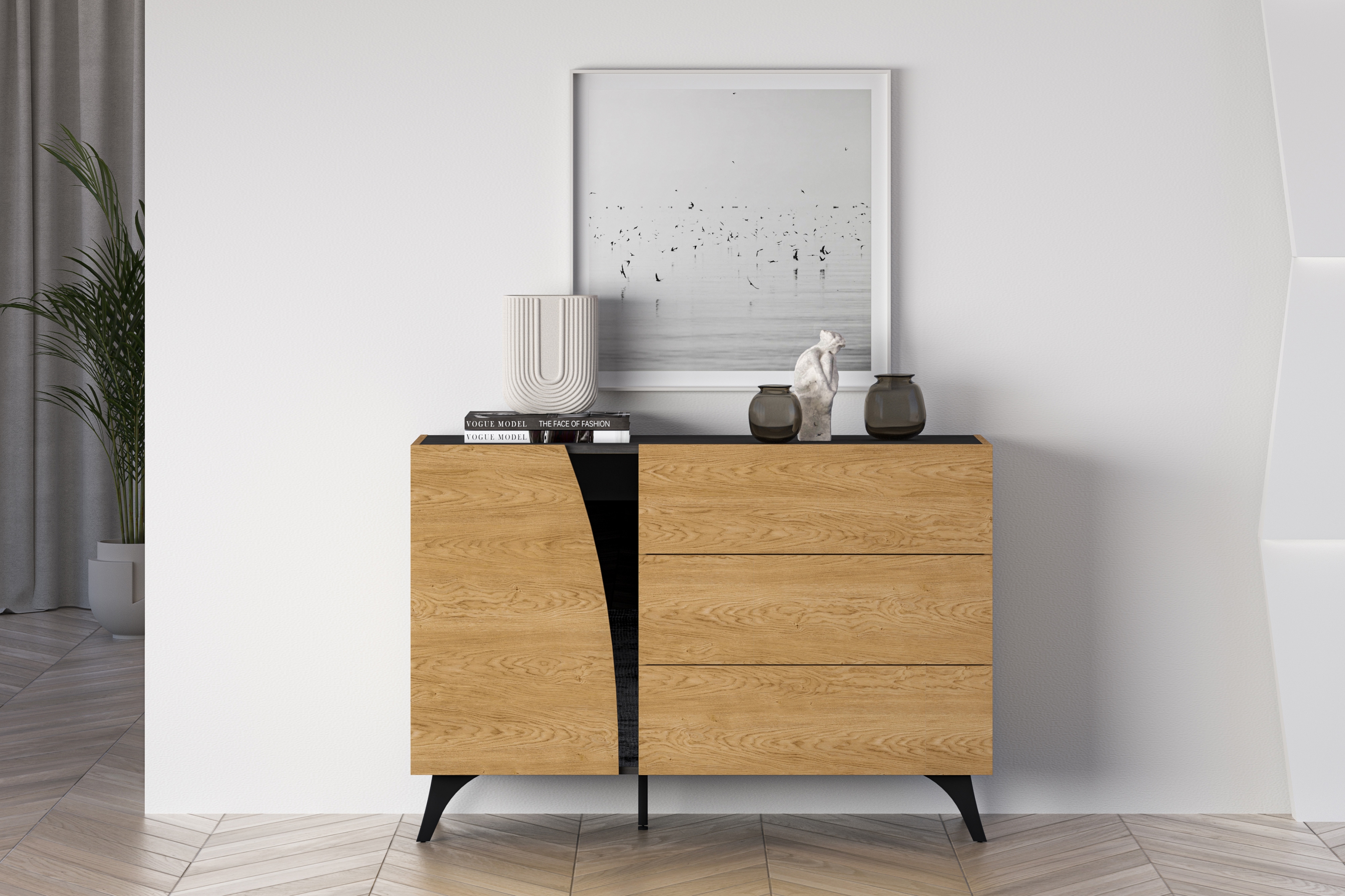 Komoda do obýváku Natina 05 120 cm - dub baltic dune / černý jasan portland Komoda do obývacího pokoje Natina 05 - 120 cm - dub baltic dune / jasan portland černá