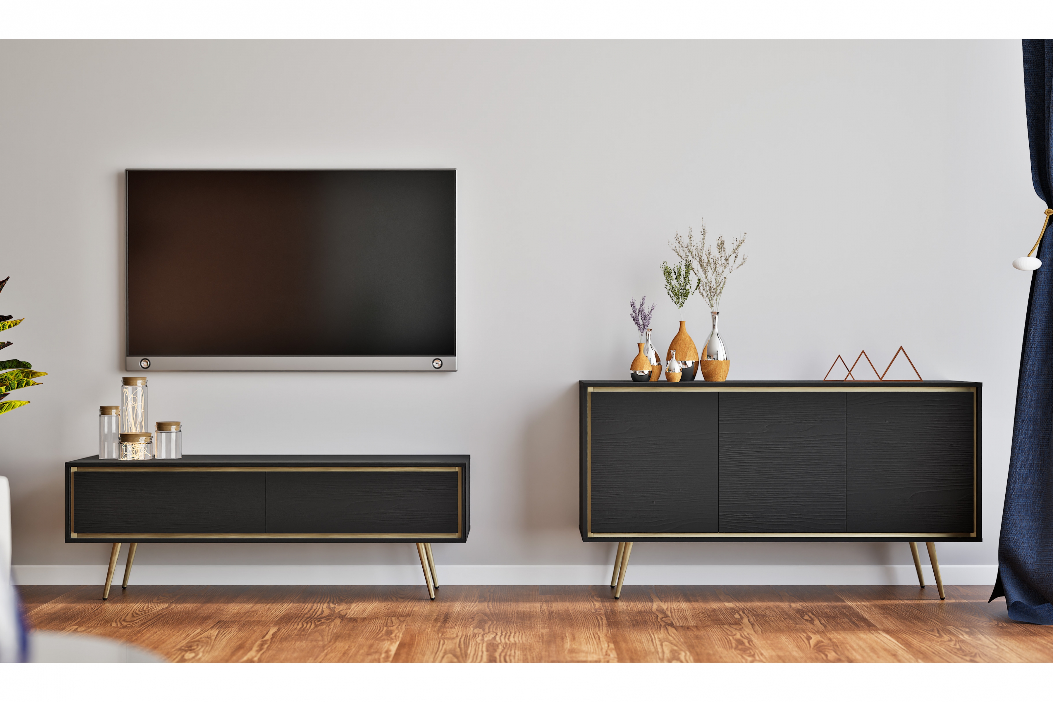 Komoda Unili 150 cm - černý grafit / zlaté detaily Komoda do obývacího pokoje Unili 150 cm - černá grafit / zlatá