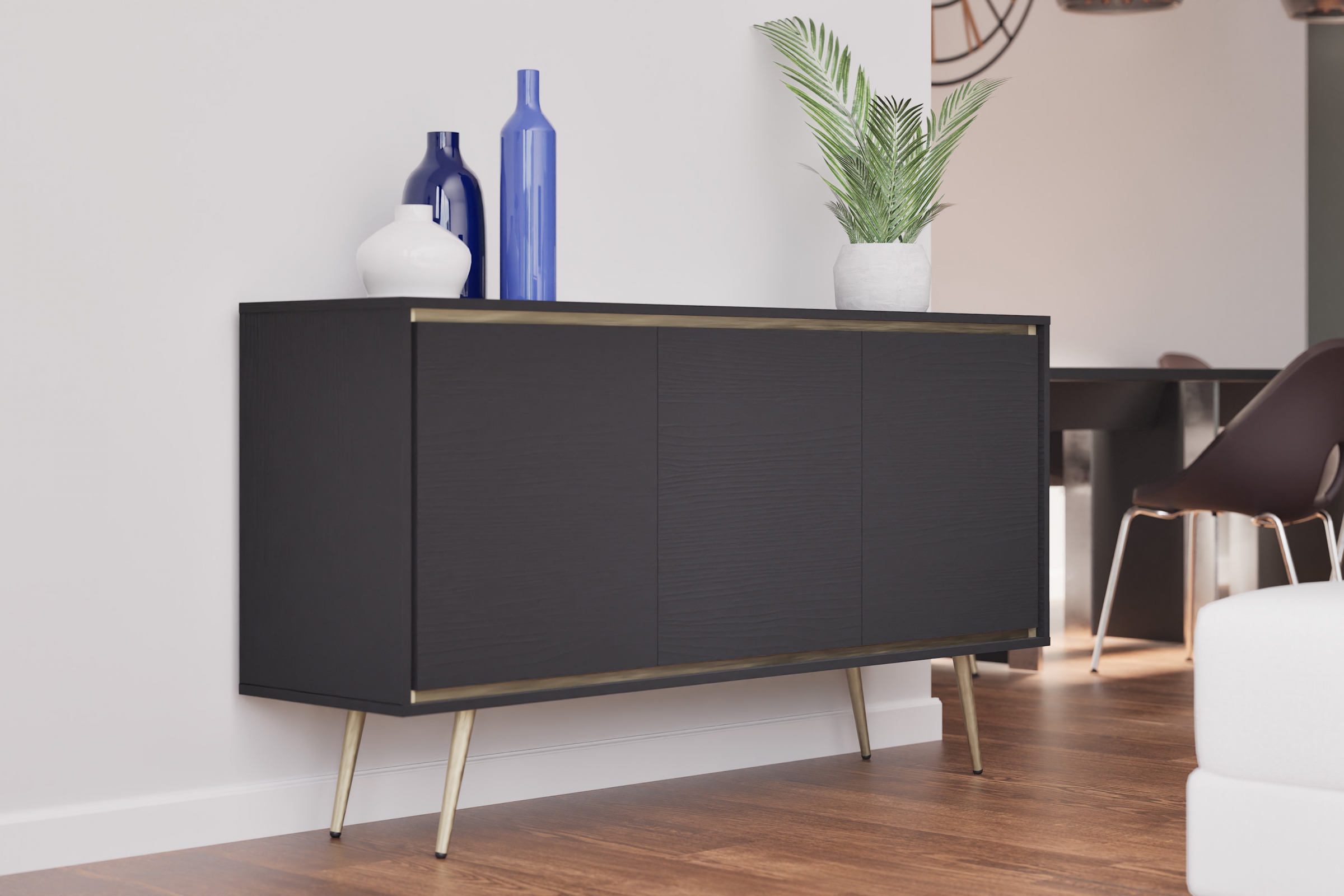 Komoda Unili 150 cm - černý grafit / zlaté detaily Komoda do obývacího pokoje Unili 150 cm - černá grafit / zlatá