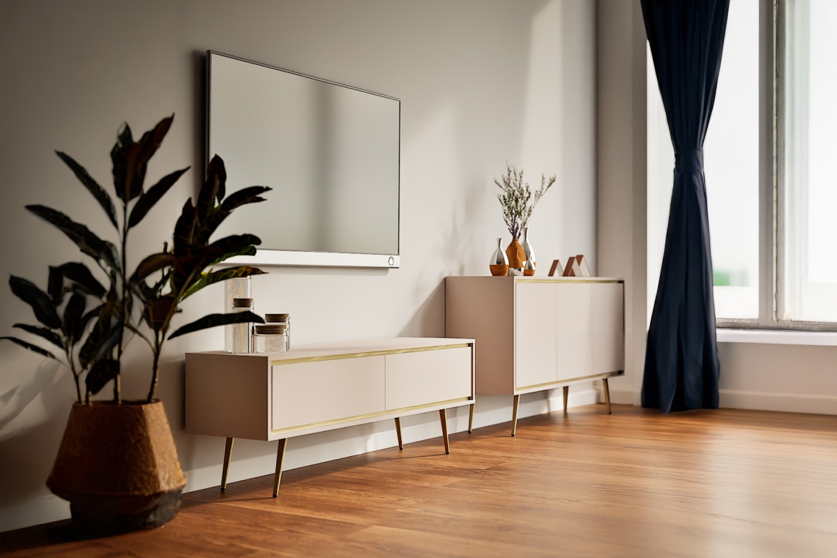 Komoda Unili 150 cm - kašmírová / zlaté detaily Komoda do obývacího pokoje Unili 150 cm - kašmír / zlatá