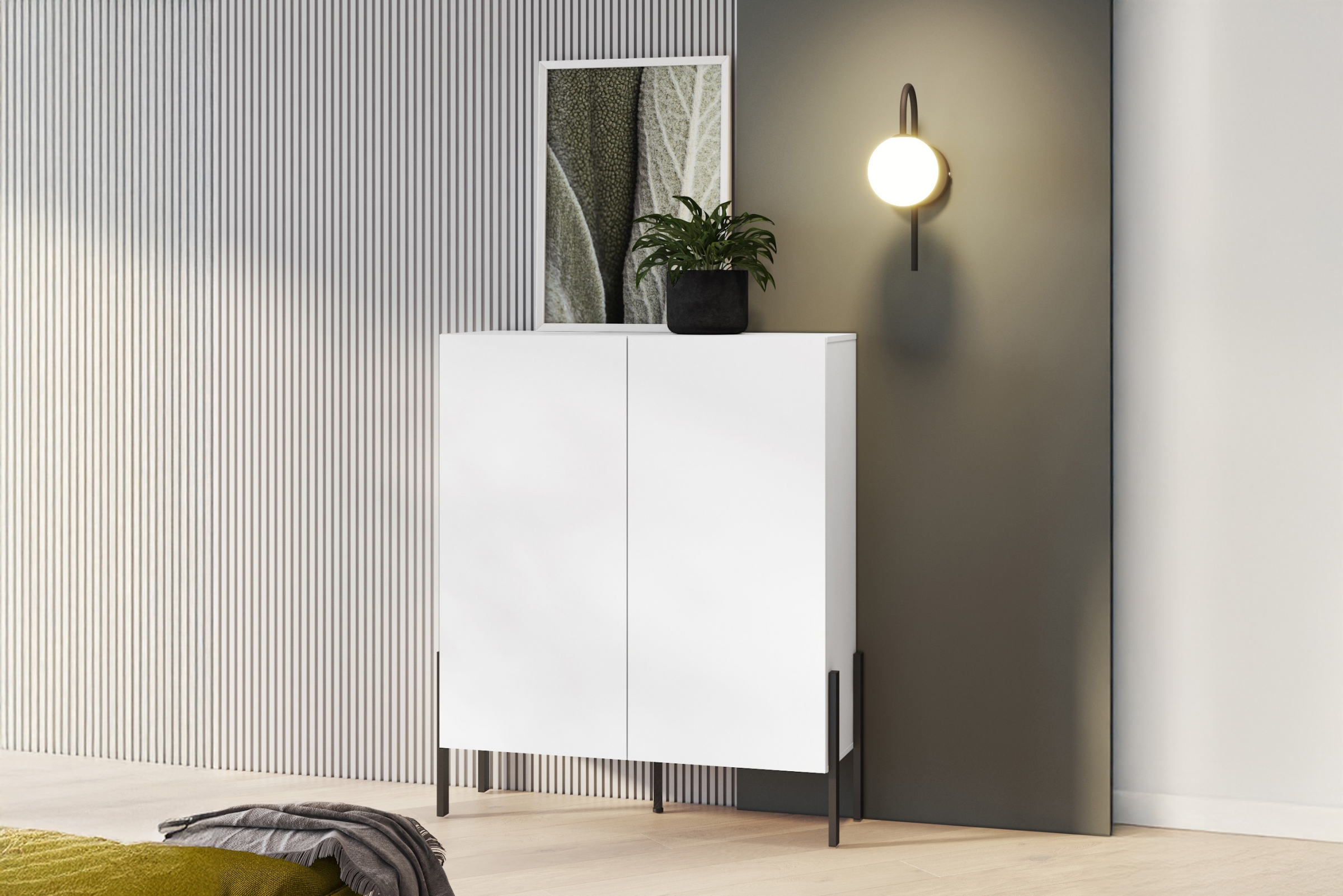 Komoda Jukon 114 cm do obývacího pokoje - bílý supermat / černé nohy Komoda pro obývacího pokoje Wezilo 42 - 114 cm - bílá supermat