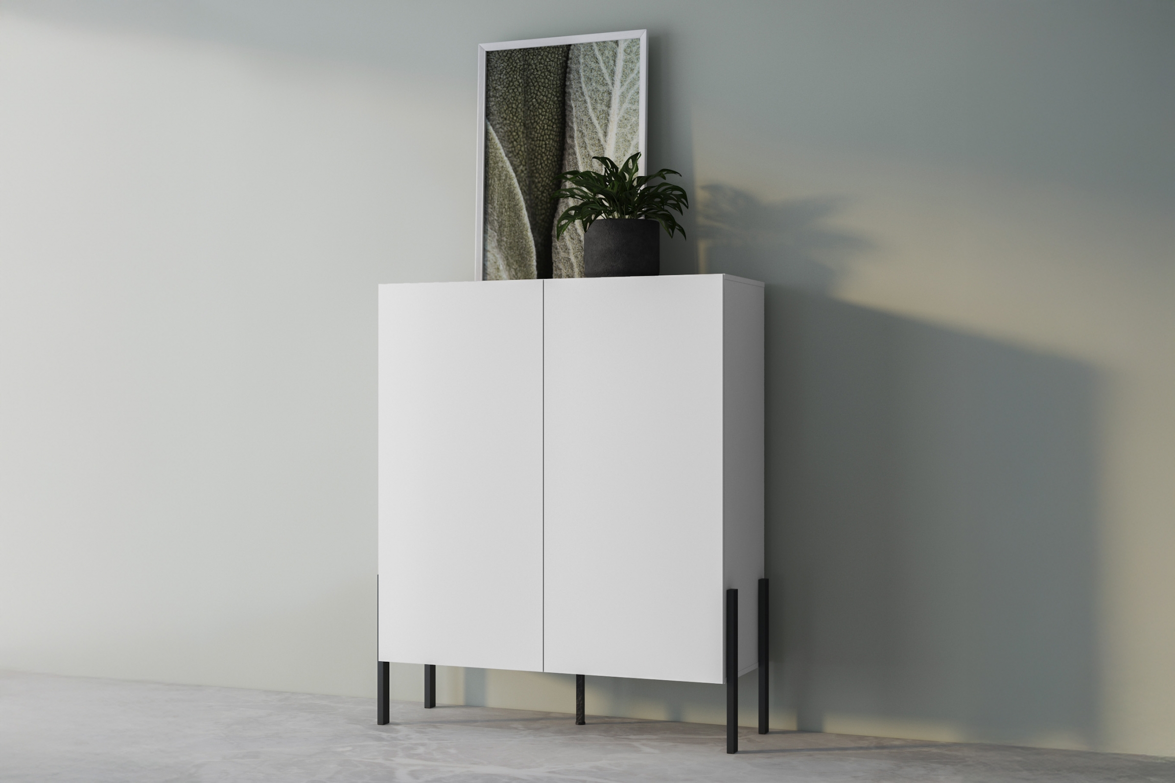Komoda Jukon 114 cm do obývacího pokoje - bílý supermat / černé nohy Komoda pro obývacího pokoje Wezilo 42 - 114 cm - bílá supermat