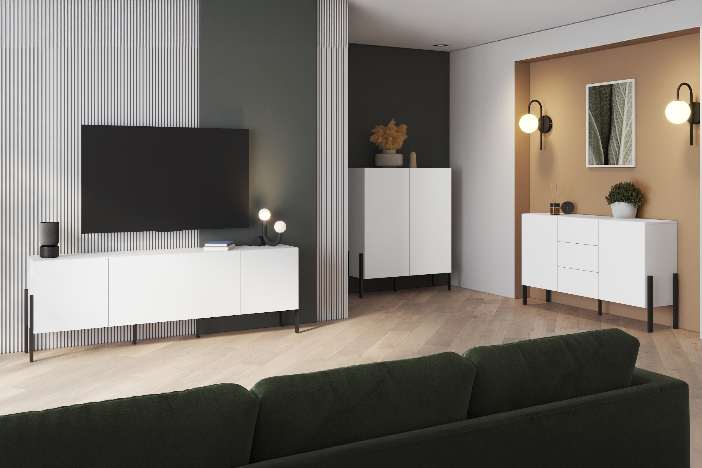 Komoda Jukon 114 cm do obývacího pokoje - bílý supermat / černé nohy Komoda pro obývacího pokoje Wezilo 42 - 114 cm - bílá supermat