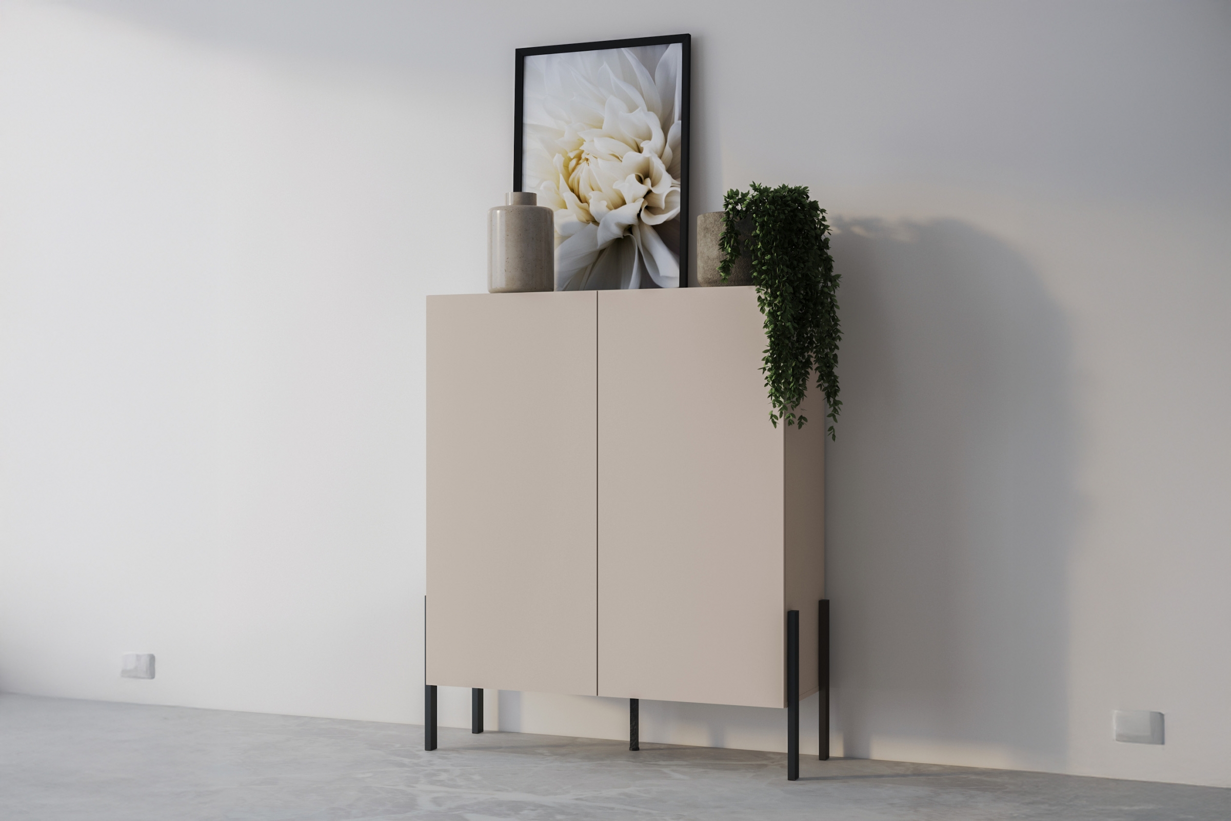 Komoda Jukon 114 cm do obývacího pokoje - kašmír / černé nohy Komoda pro obývacího pokoje Wezilo 42 - 114 cm - kašmír / černé nožičky