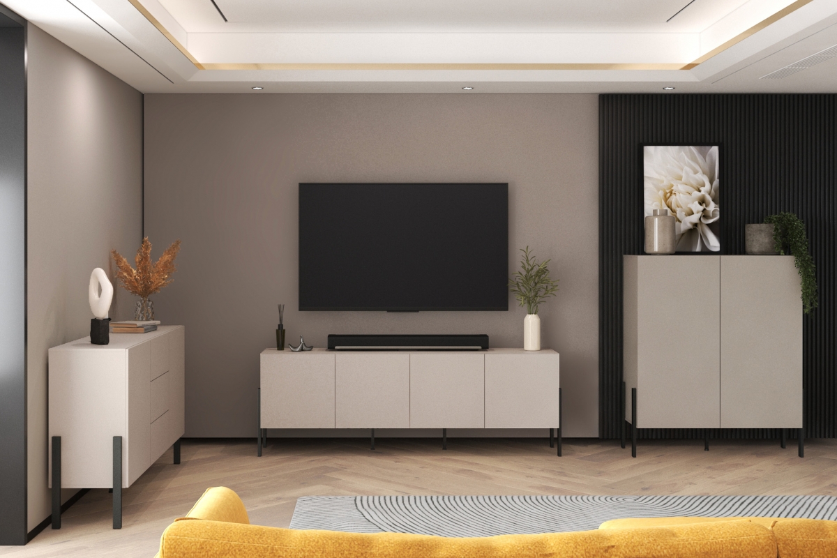 Komoda Jukon 114 cm do obývacího pokoje - kašmír / černé nohy Komoda pro obývacího pokoje Wezilo 42 - 114 cm - kašmír / černé nožičky