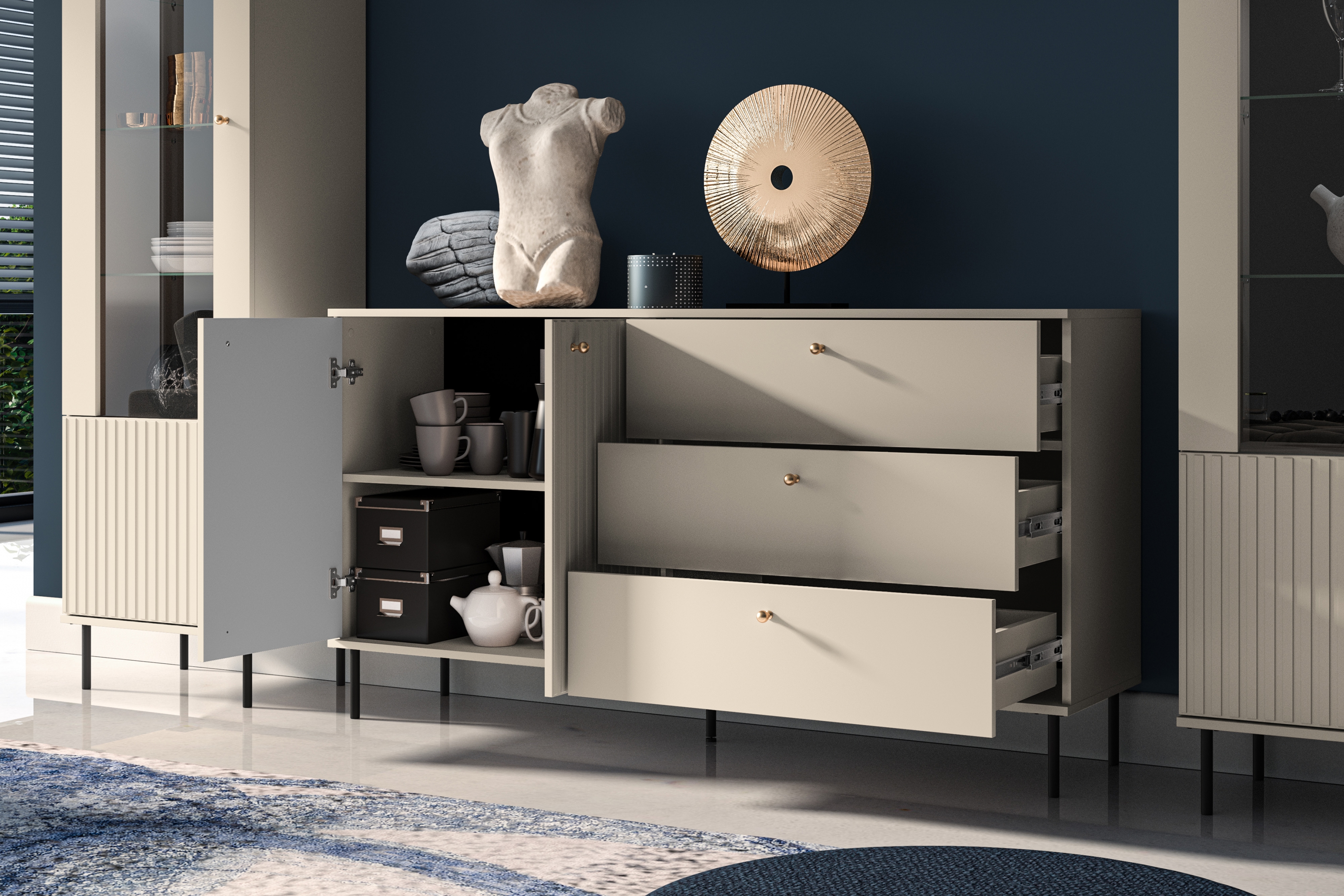 Komoda Jamuzi 160 cm se zásuvkami - kašmír / černé nožky Komoda dvoudveřová Jamuzi 04 se zásuvkami s frézovanou přední částí - kašmír / černá nozki