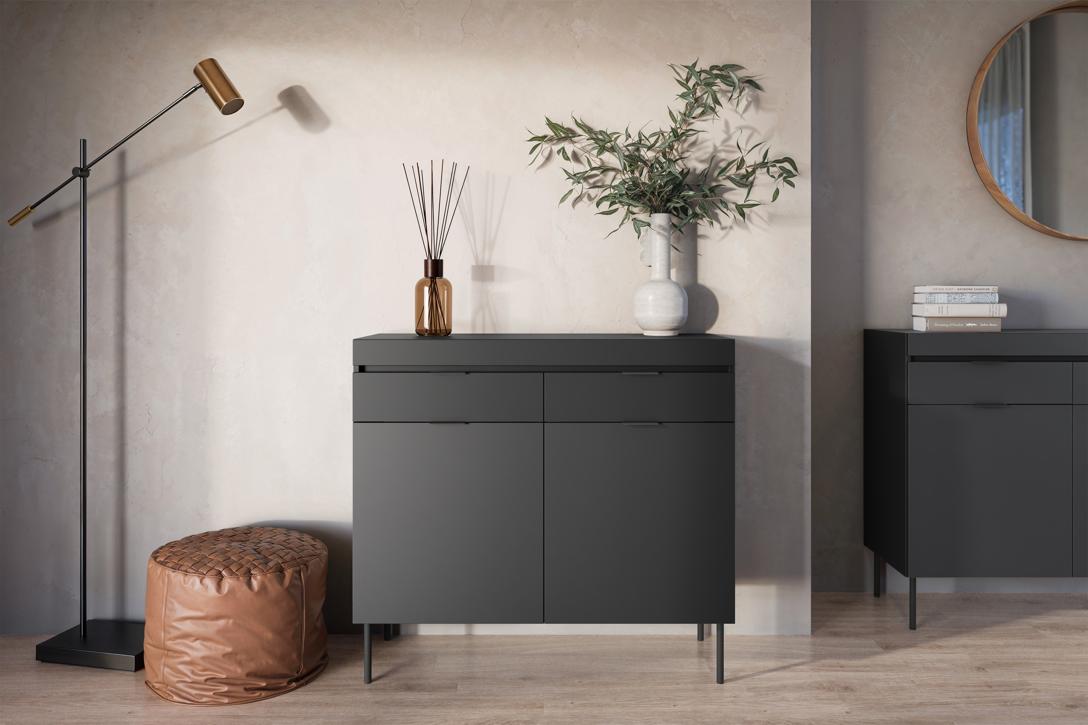 Komoda Sentia 105 cm s 2 zásuvkami - čierna / čierna Komoda dvojdverová Sentia 105 s dvoma zásuvkami - Čierny / Čierny 