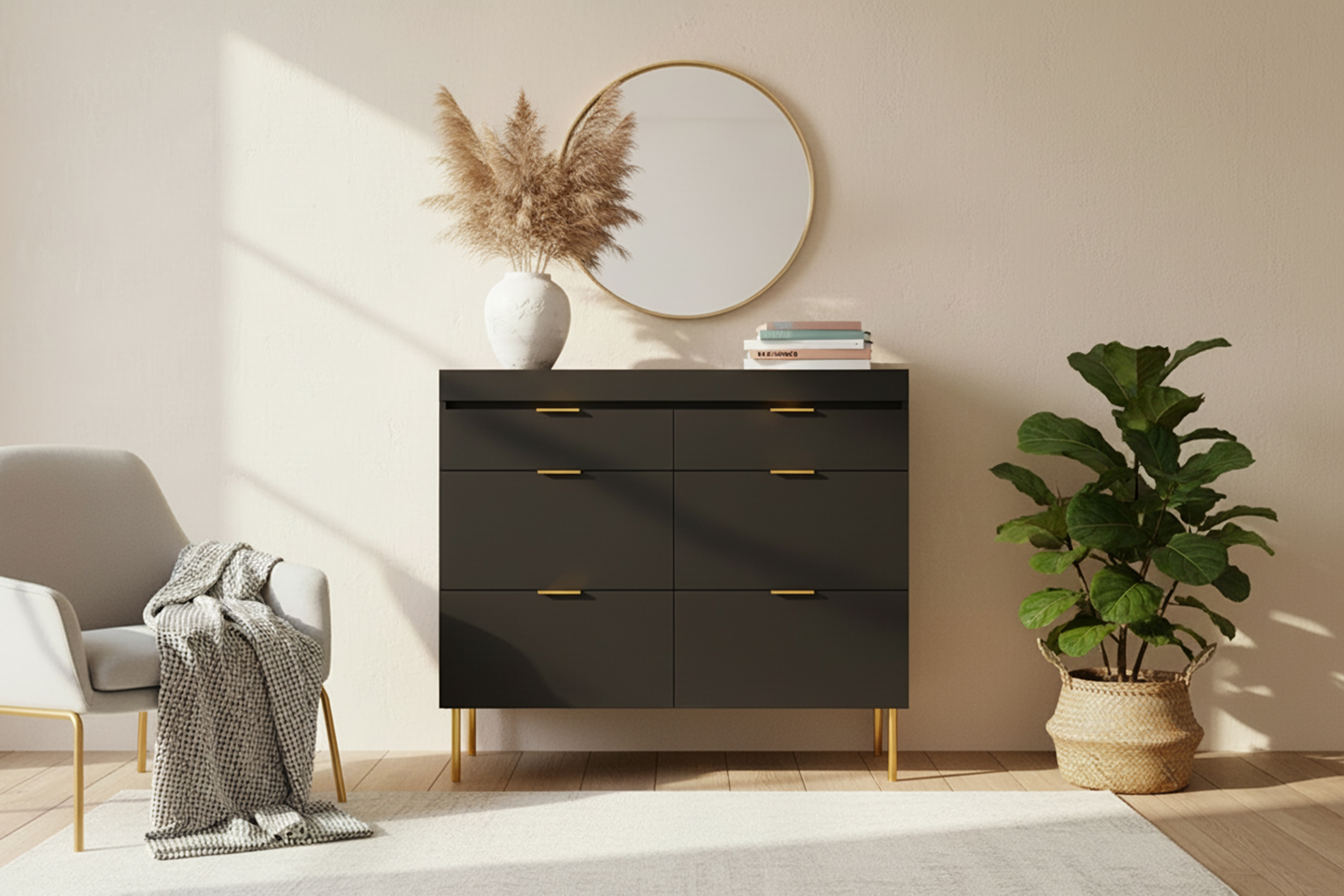 Komoda Sentia 105 cm se zásuvkami - černá / zlatá Komoda dvoudveřová Sentia 105 z dwoma zásuvkami - černá / zlatá 