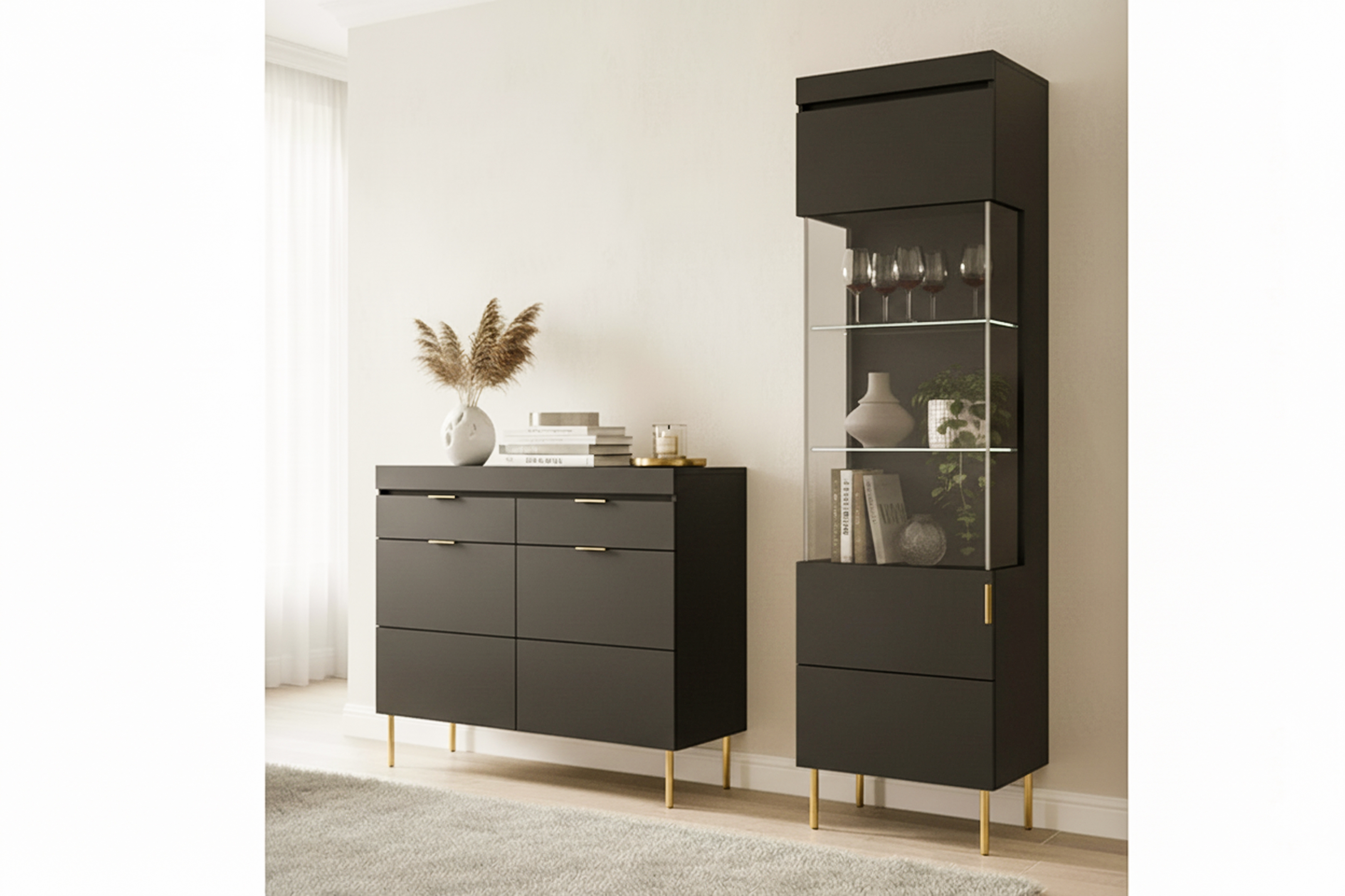 Komoda Sentia 105 cm se zásuvkami - černá / zlatá Komoda dvoudveřová Sentia 105 z dwoma zásuvkami - černá / zlatá 