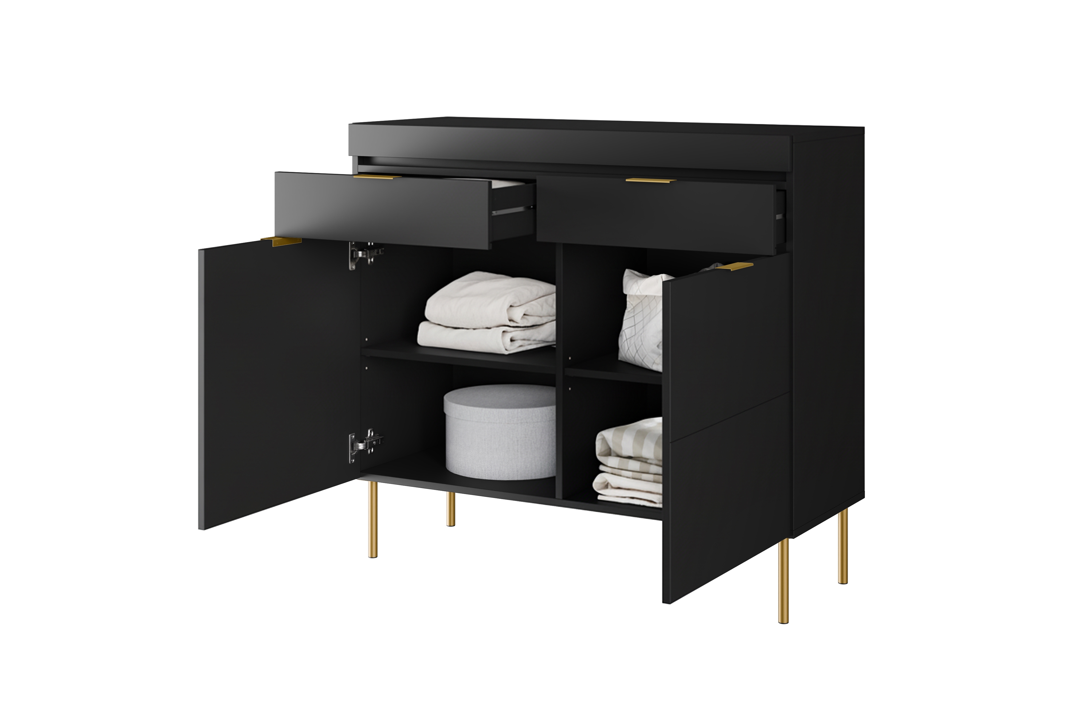 Komoda Sentia 105 cm se zásuvkami - černá / zlatá Komoda dvoudveřová Sentia 105 z dwoma zásuvkami - černá / zlatá 
