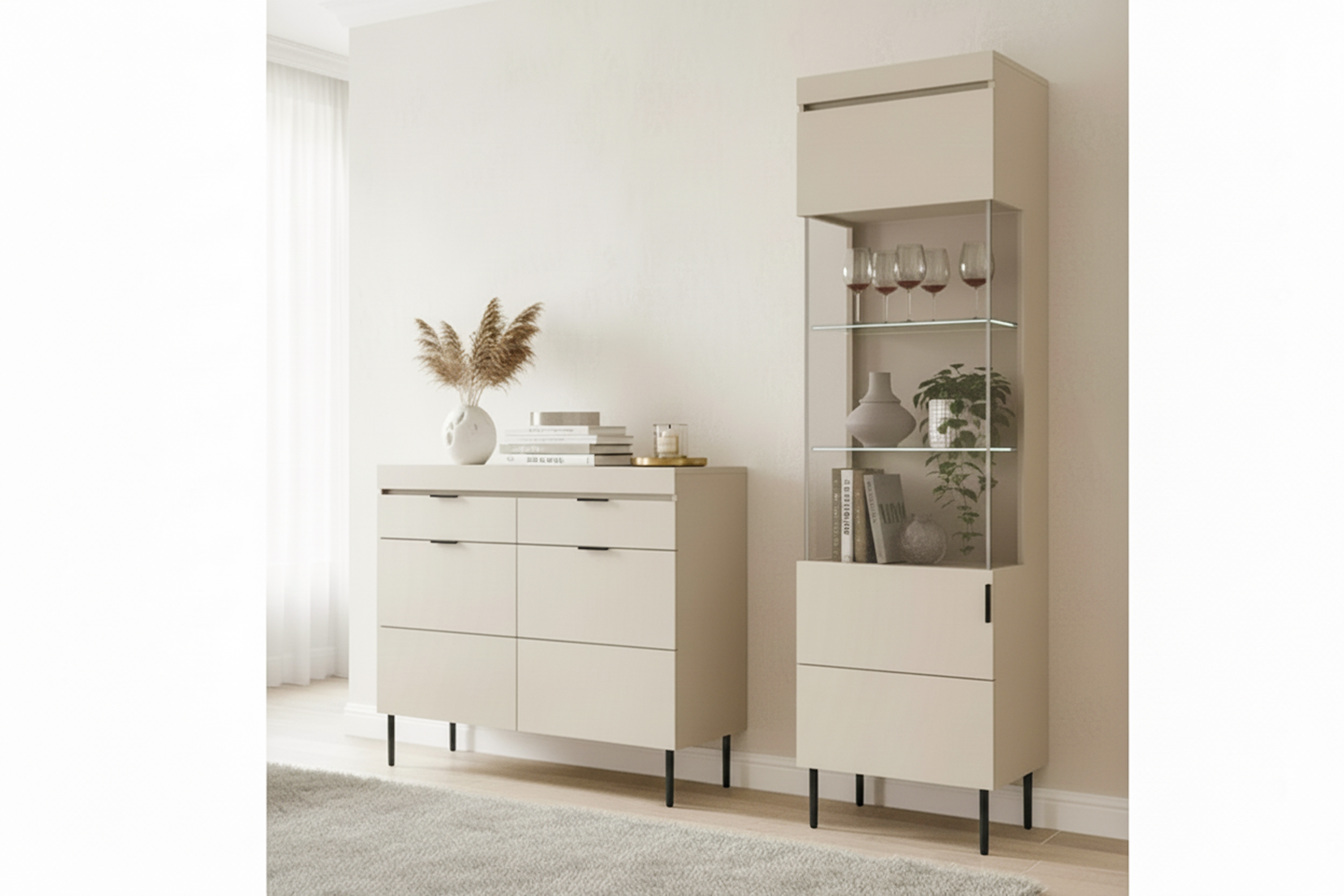 Komoda Sentia 105 cm se zásuvkami - kašmírová / černá Komoda dvoudveřová Sentia 105 z dwoma zásuvkami - kašmír / černá 