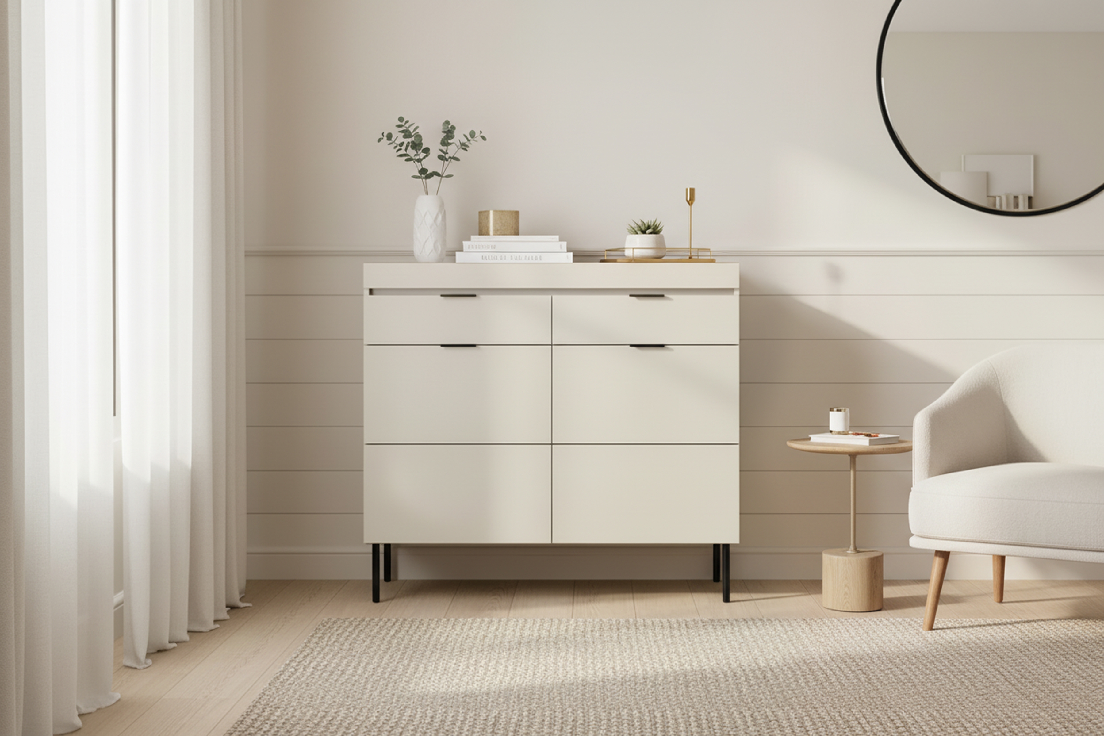 Komoda Sentia 105 cm se zásuvkami - kašmírová / černá Komoda dvoudveřová Sentia 105 z dwoma zásuvkami - kašmír / černá 