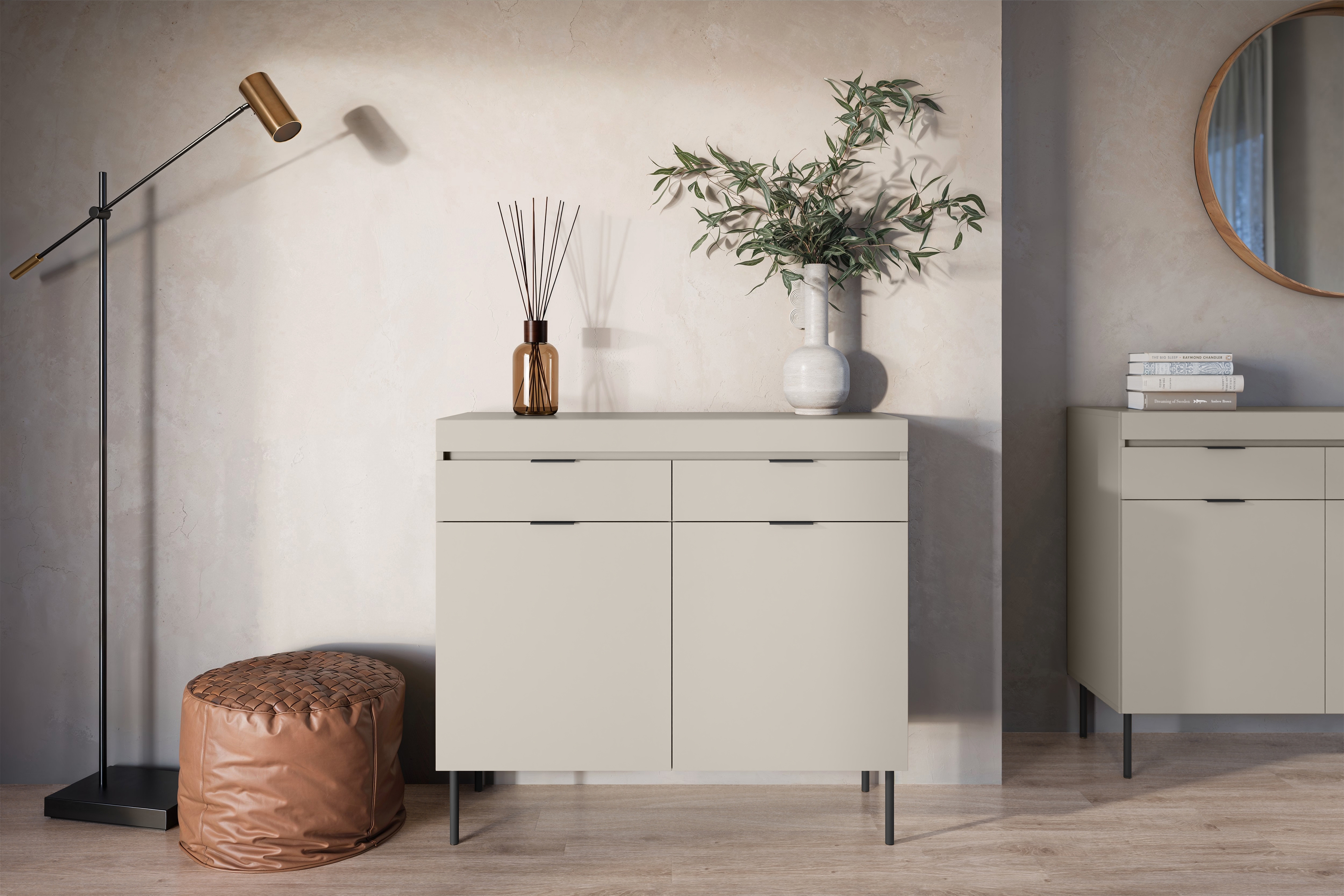 Komoda Sentia 105 cm s 2 zásuvkami - kašmírová / čierna Komoda dvojdverová Sentia 105 s dvoma zásuvkami - kašmír / Čierny 