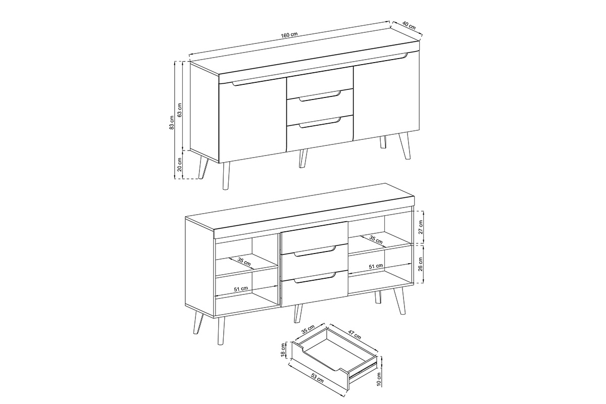 Komoda Dorin 160 se zásuvkami - dub artisan Rozměry nábytku