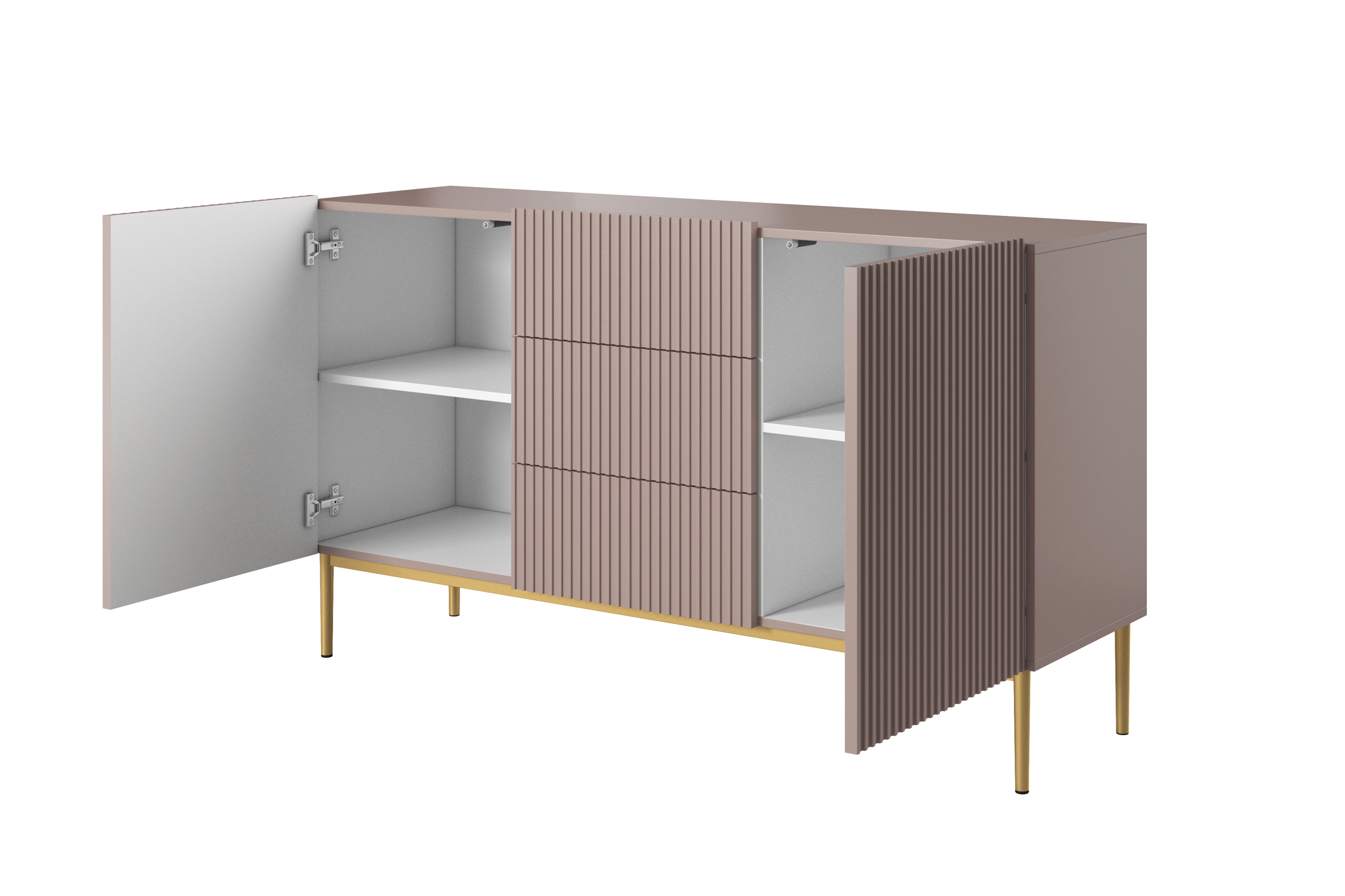 Komoda Nicole 150 cm se zásuvkami a policemi - antická růžová / zlaté nožky Komoda dvoudveřová se zásuvkami na kovových nohách Nicole 150 cm - antický Růžová / zlaté nozki