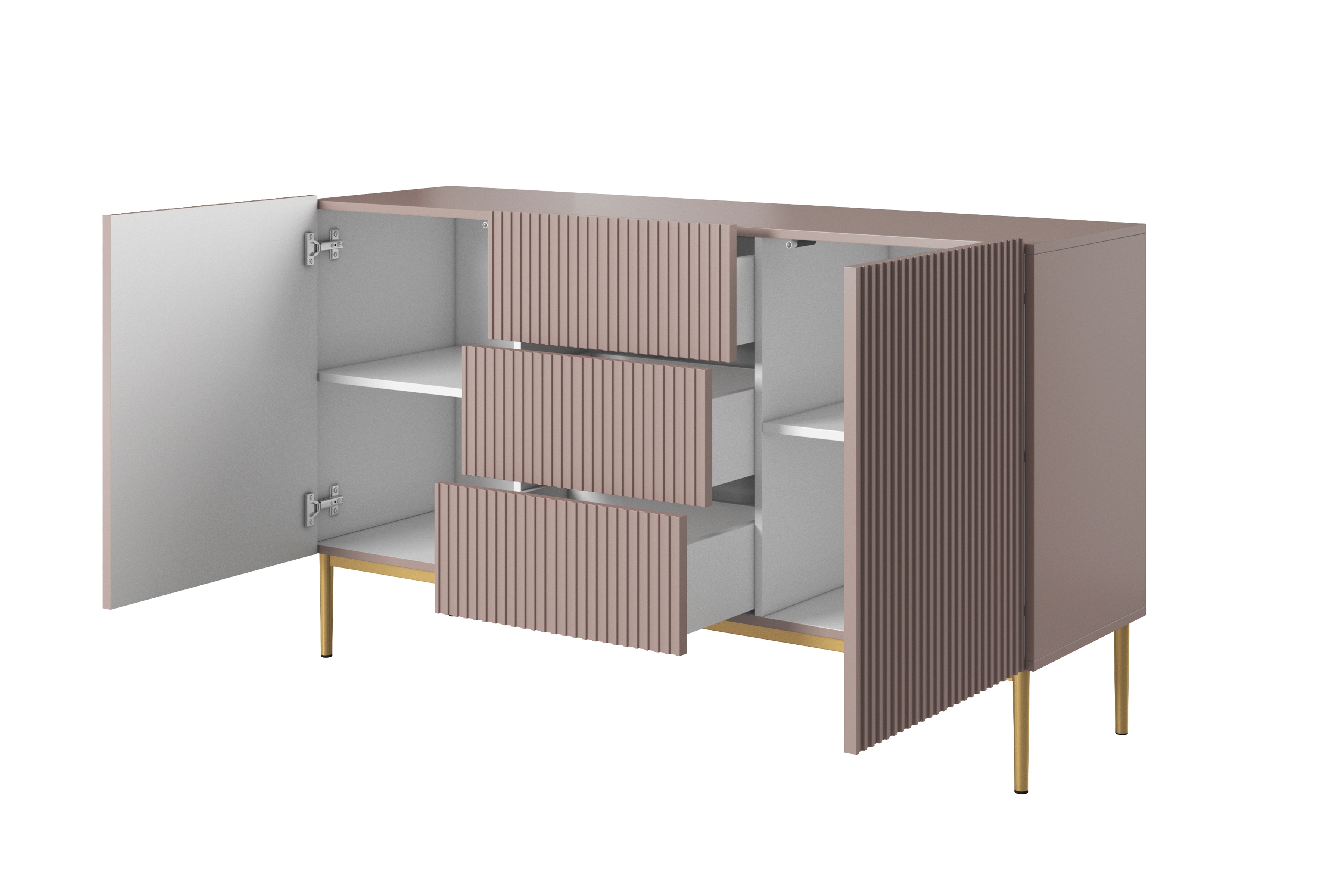 Komoda Nicole 150 cm se zásuvkami a policemi - antická růžová / zlaté nožky Komoda dvoudveřová se zásuvkami na kovových nohách Nicole 150 cm - antický Růžová / zlaté nozki