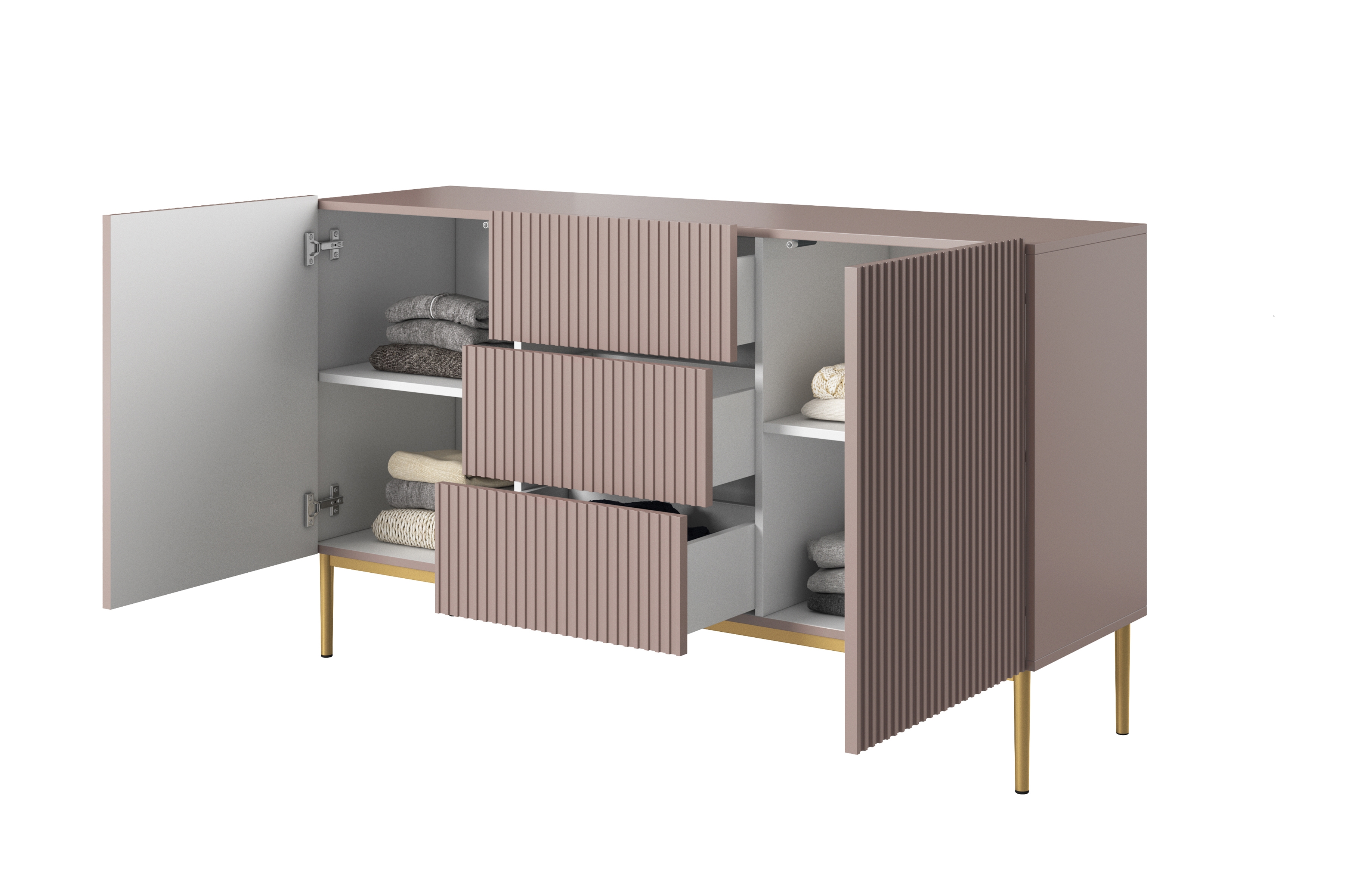 Komoda Nicole 150 cm se zásuvkami a policemi - antická růžová / zlaté nožky Komoda dvoudveřová se zásuvkami na kovových nohách Nicole 150 cm - antický Růžová / zlaté nozki