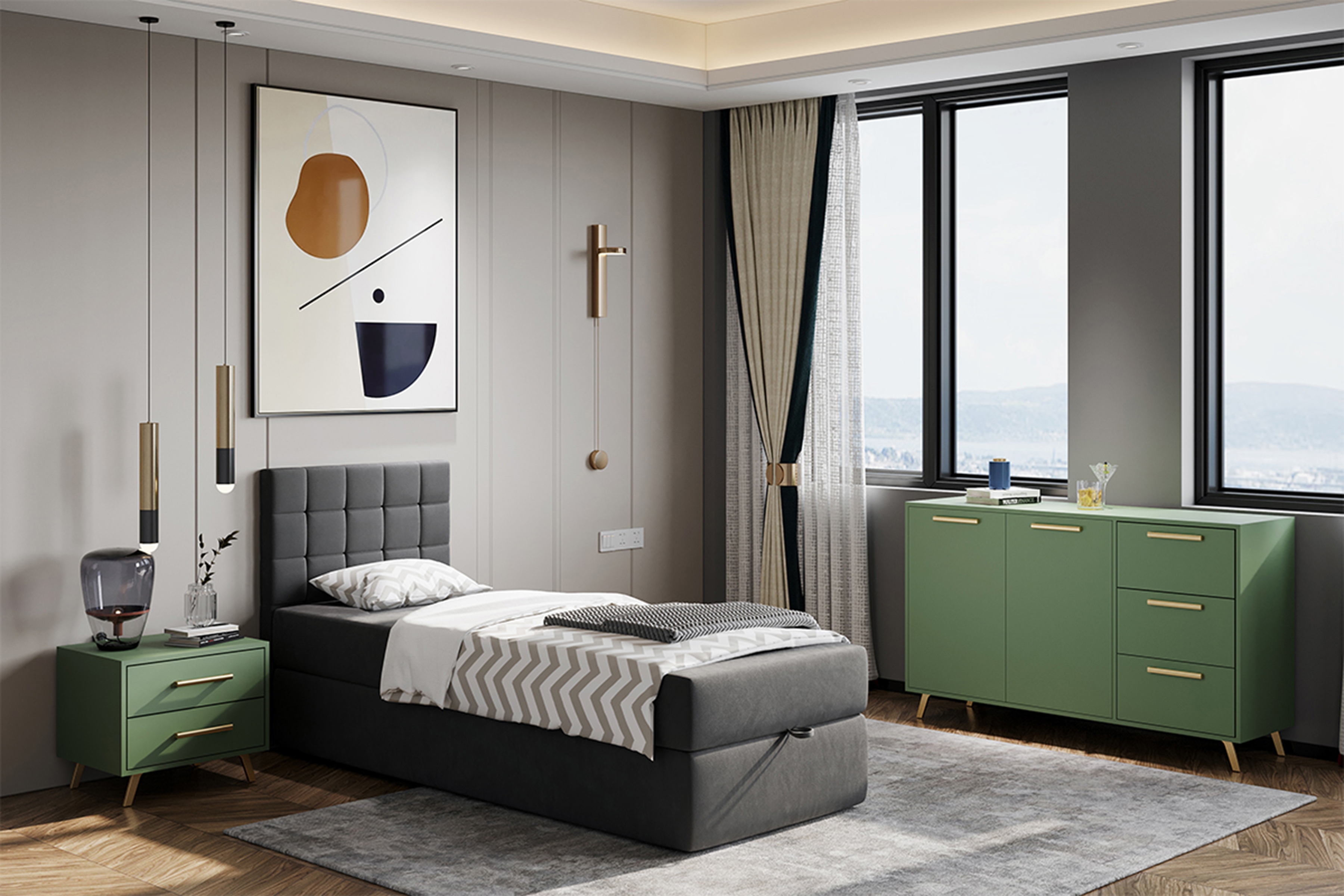 Komoda Bali 139 cm - lahvově zelená Komoda dvoudveřová se třemi  zásuvkami Bali 140 cm - láhvová zelená