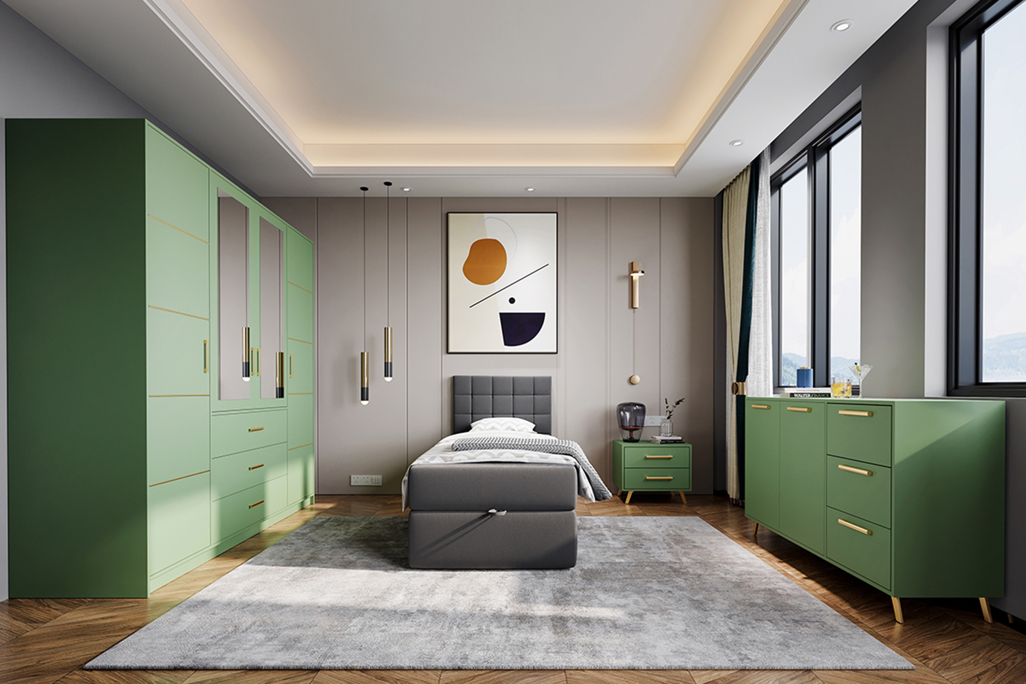 Komoda Bali 139 cm - lahvově zelená Komoda dvoudveřová se třemi  zásuvkami Bali 140 cm - láhvová zelená