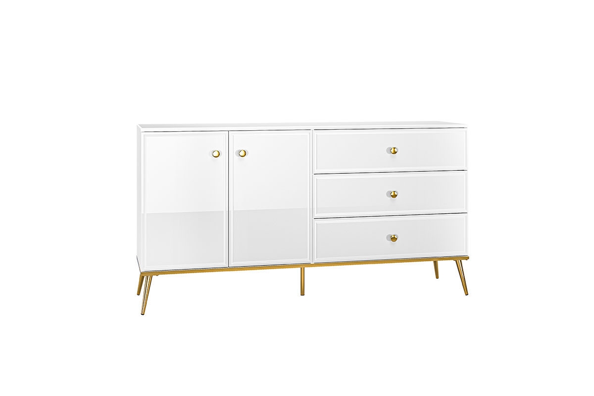 Komoda Riomi 04 so zásuvkami 160 cm s kovovými nožičkami - biely lesk / zlaté nožičky Komoda .