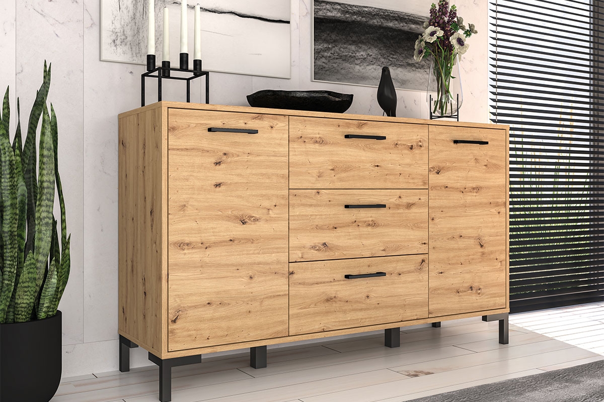 Komoda Klarso 12 so zásuvkami 138 cm - Dub artisan Komoda na czarnych 