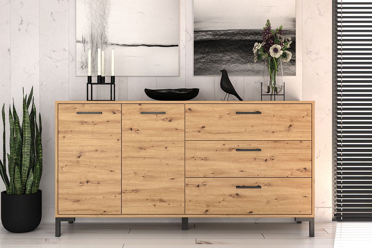 Komoda dvojdverová Klarso 13 so zásuvkami 159 cm - Dub artisan Komoda na czarych nogach