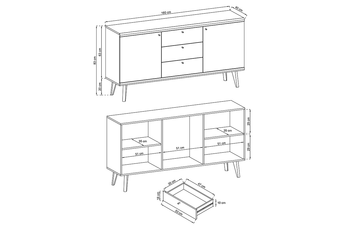 Komoda dvojdverová s tromi zásuvkami Promi 160 - biely mat / Dub riviera Komoda dvojdverová s tromi zásuvkami Promi 160 - biely mat / Dub artisan - Rozmery