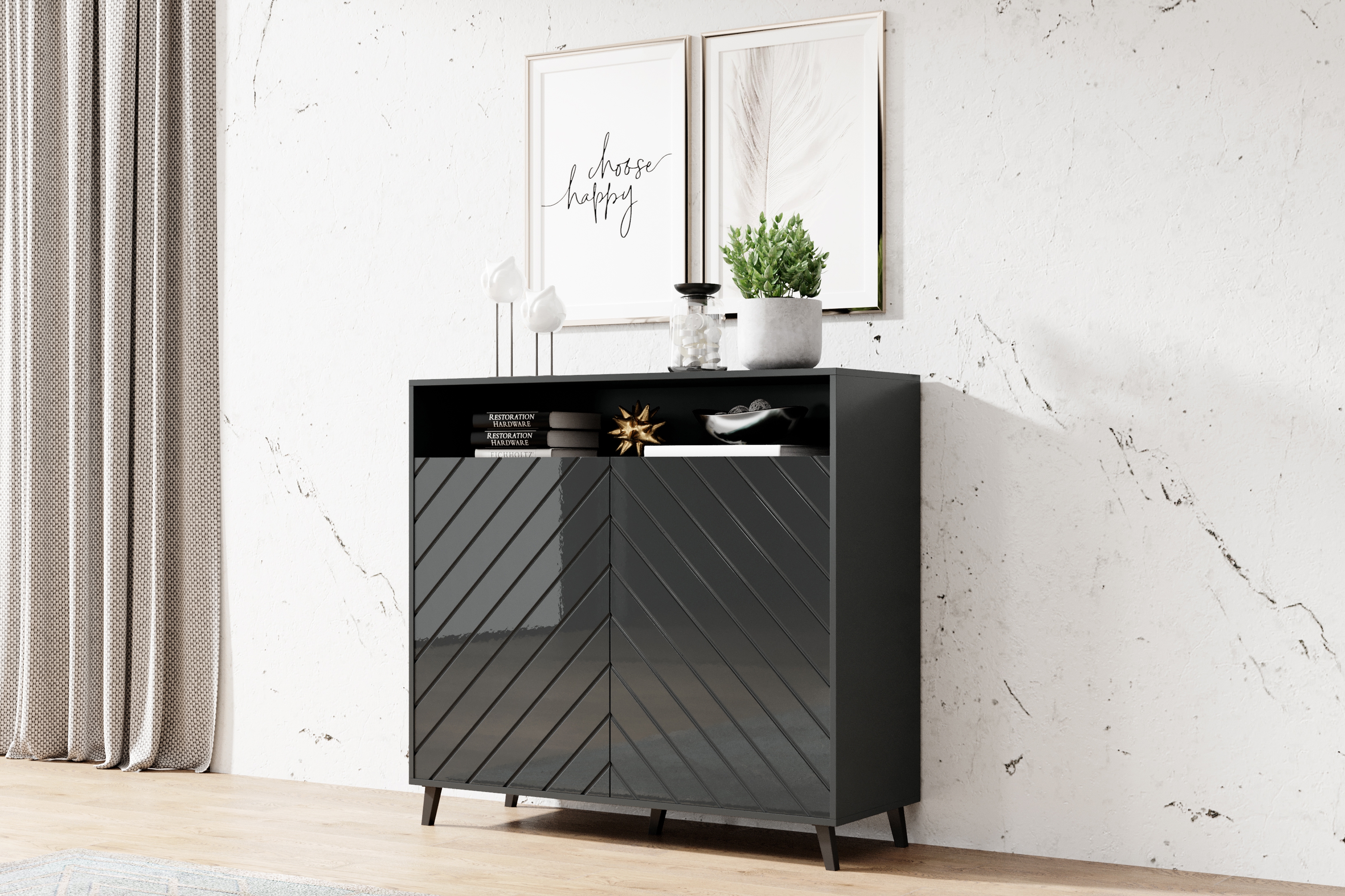 Komoda Parisja s výklenkem - grafitový lesk Komoda dvoudveřová z wneka Parisja - grafitový lesk