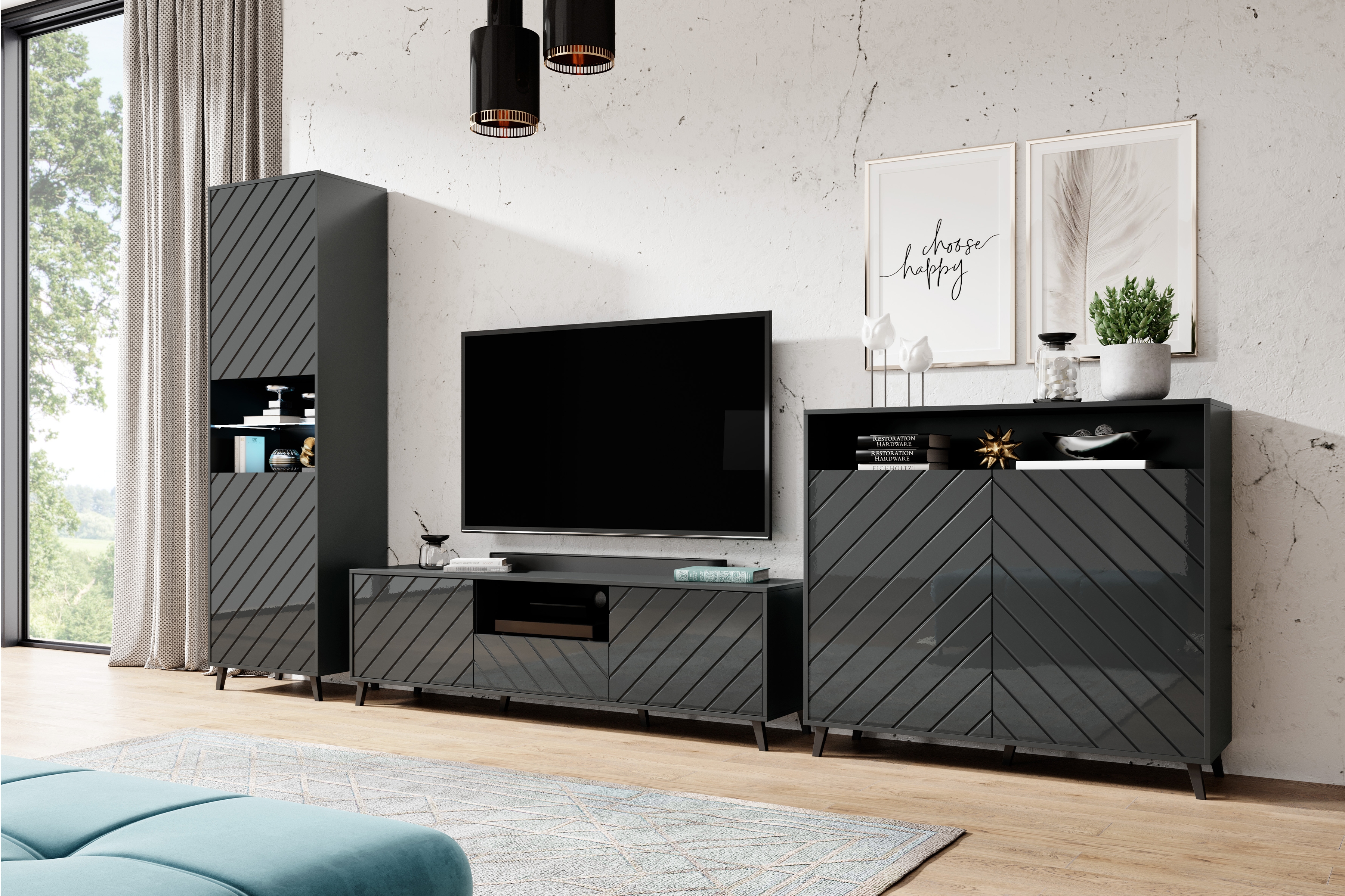 Komoda Parisja s výklenkem - grafitový lesk Komoda dvoudveřová z wneka Parisja - grafitový lesk