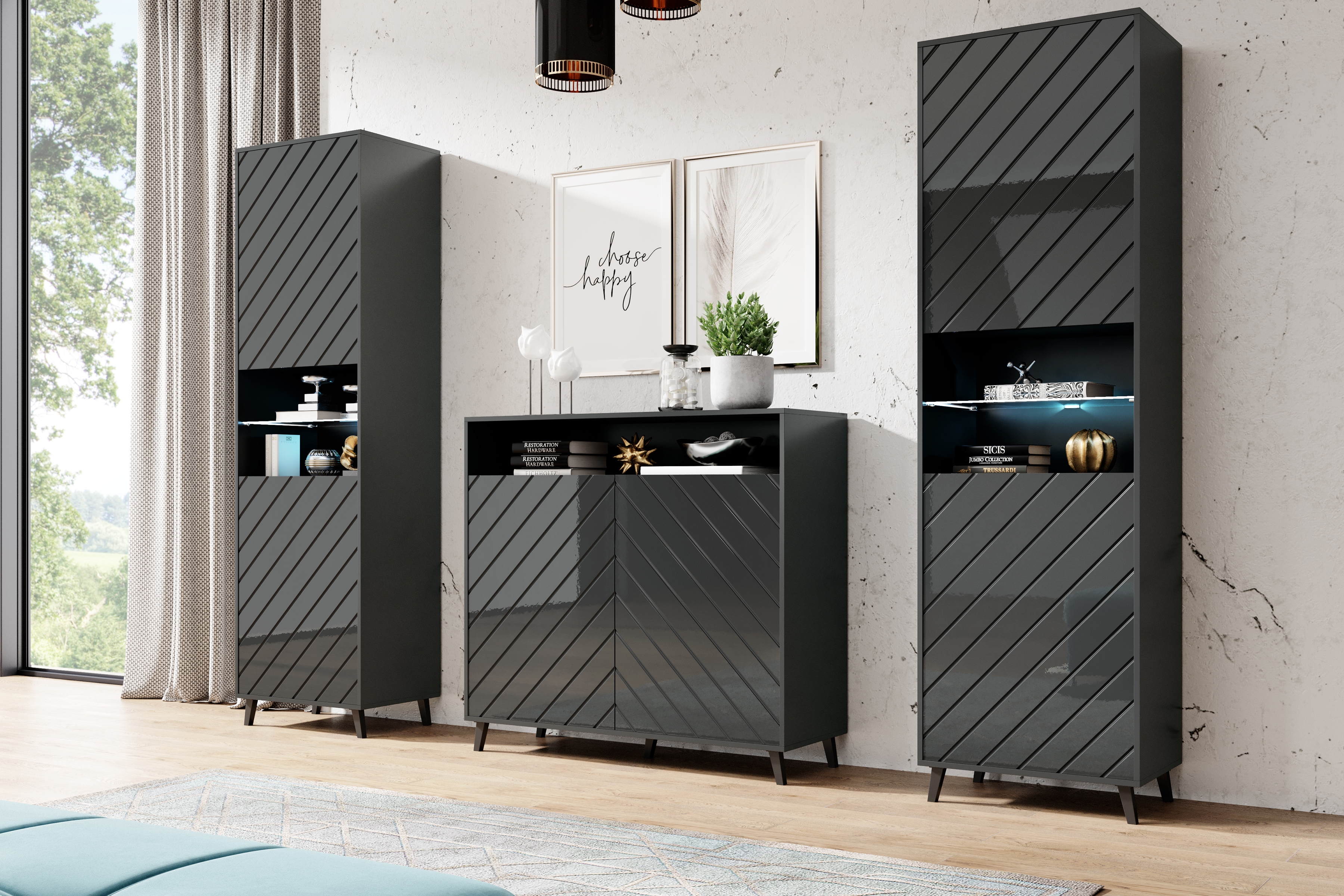 Komoda Parisja s výklenkem - grafitový lesk Komoda dvoudveřová z wneka Parisja - grafitový lesk