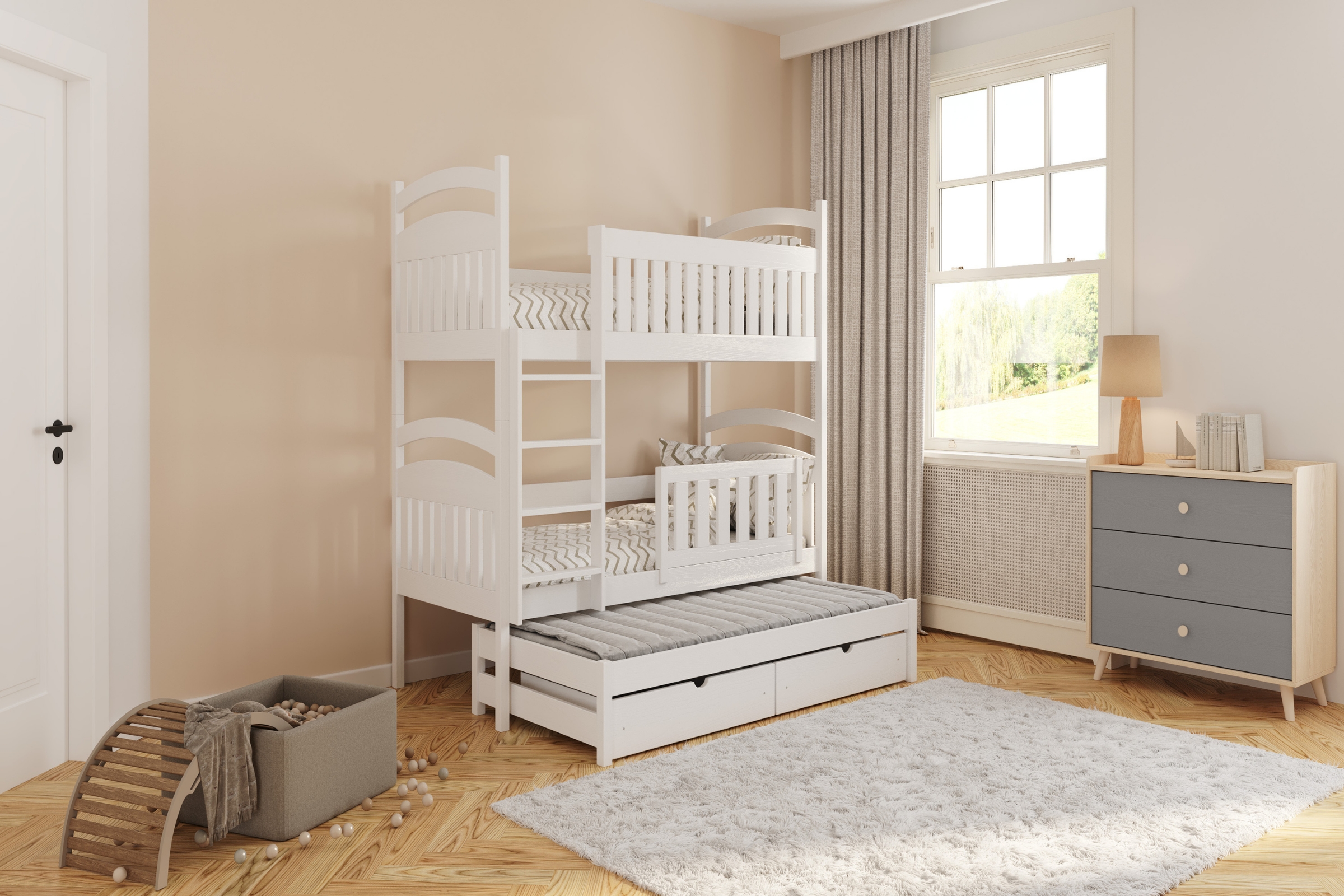 Dětská zásuvková komoda Marla 90 cm - pouštní písek / šedá pallad Komoda dziecieca Marla 90 cm se zásuvkami - piasek pustyni / šedá pallad