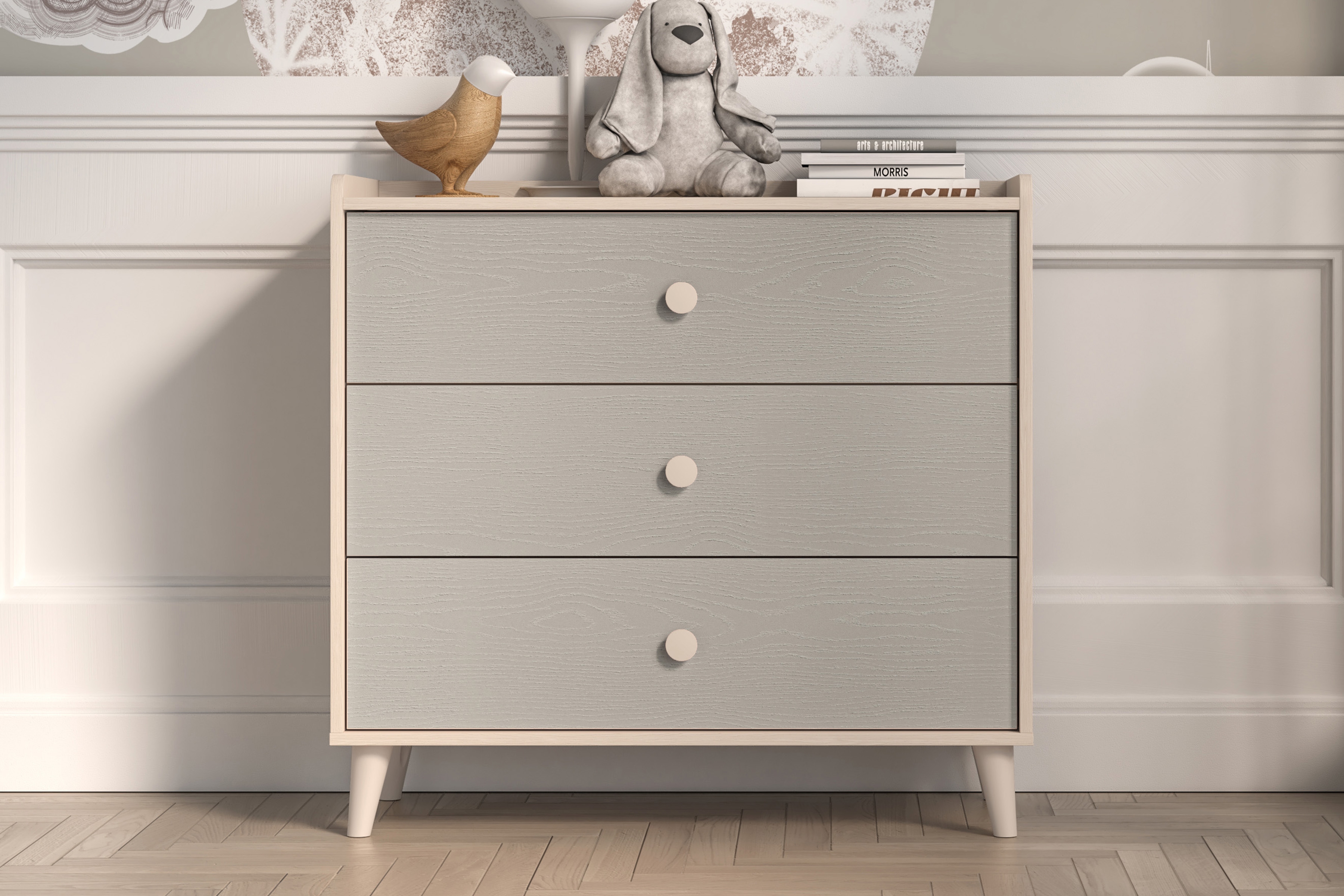 Dětská zásuvková komoda Marla 90 cm - pouštní písek / šedá pallad Komoda dziecieca Marla 90 cm se zásuvkami - piasek pustyni / šedá pallad